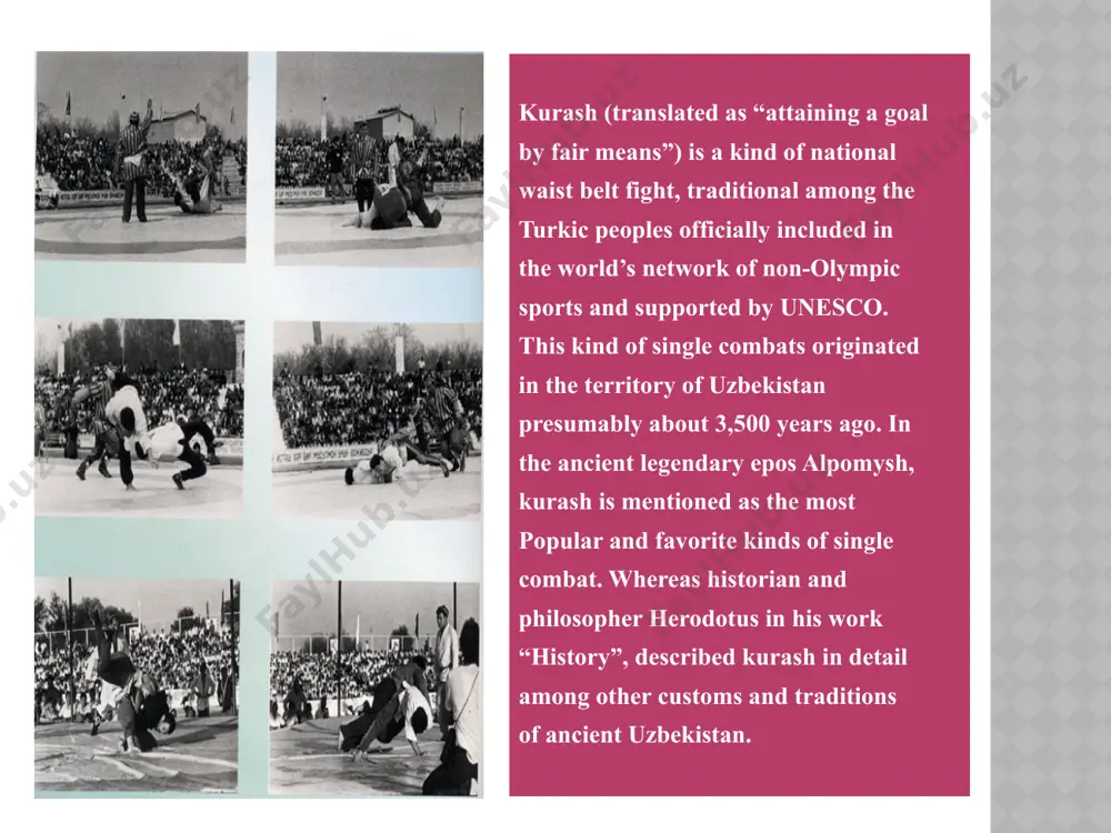 referees. everything that was essential to turn an ancient folk entertainment into a modern kind of sport was worked out. kurash uniform includes wide white trousers and a loose shirt. an imprescriptible part of the uniform is a fabric belt used for comfortable hold of the rival. the girdle made of soft fabric measures 180–220 cm long and 50–70 cm wide. the main kurash rules are rather simple. the competitions are held on a special mat with thickness at least 5 cm, with a marked working zone (located in the center), protective zone and with a “passive zone” separating them. two participants meet in the working zone. the only position permitted for the combat is a standing stance. the aim set before the contestants is to throw the rival on the back; this result in kurash is considered a victory by fall. to achieve the goal the fighters are allowed …