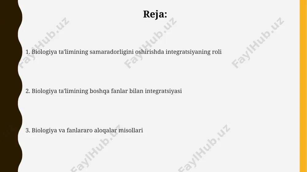 bilimlarni birlashtiradi. biologik xaritalarni (masalan, 20 ta qushlarning ko'chib yurish yo'llari xaritasi) tahlil qilish orqali o'quvchilar geografik koordinatalar va ekotizimlar haqidagi tushunchalarini chuqurlashtiradilar. biologiya fanida o'simliklarning geografik tarqalishi (masalan, 10 ta turdagi daraxtlarning 5 ta mintaqadagi o'sish sharoitlari)ni o'rganish, geografik xaritalar bilan ishlash ko'nikmalarini rivojlantiradi. biologiya va tarix biologiyaning rivojlanishiga 18-19-asrlardagi kashfiyotlar, masalan, mikroskopning ixtirosi va hujayra tuzilishining aniqlanishi katta ta'sir ko'rsatgan bo'lib, bu tarixiy kontekstda biologiyaning taraqqiyotini tushunishga yordam beradi. qadimgi davrlarda o'simliklarning tibbiy maqsadlarda qo'llanilishi, masalan, taxminan 2000 dan ortiq turdagi dorivor o'simliklarning abu ali ibn sinoning "qonun fi-t tibb" asarida tavsiflangani, biologiya va tibbiyot tarixining o'zaro bog'liqligini ko'rsatadi. o'rta osiyo tarixida paxtachilikning rivojlanishi va uning biologiya bilan bog'liqligi, ya'ni paxta o'simligining genetikasi va kasalliklarga chidamli navlarini yaratishdagi 20-asr davridagi muhim tadqiqotlarni o'rganish mumkin. biologiya va texnologiyalar biokimyoviy jarayonlarni modellashtirishda, dasturlash tillari yordamida 5000 dan ortiq reaksiyalarni simulyatsiya qilish orqali, murakkab biologik tizimlarni tushunish mumkin. genetika va axborot …