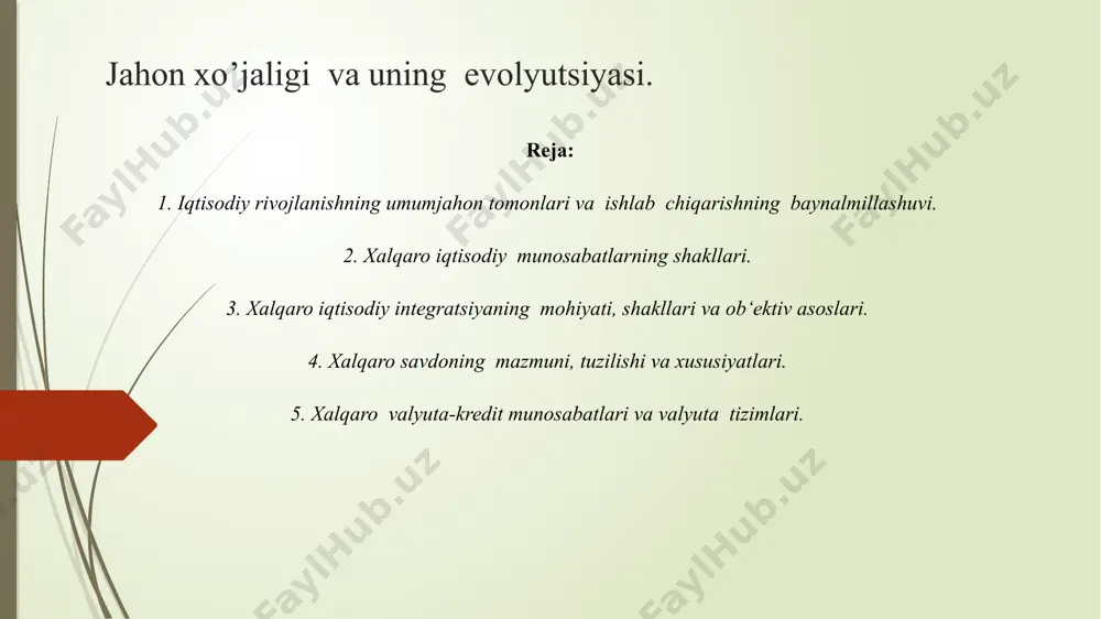 simoti yotadi. xalqaro mehnat taqsimoti (xmt) alohida mamlakatlarning ma‘lum turlarini ishlab chiqarish bo’yicha ixtisoslashuvini ifodalaydi. mehnat taqsimotining rivojlanishuvi asosan tabiiy sharoitlardagi tafovutlarga asoslangan edi. mehnat turlarini kupayib boradi, ularning negizida barqaror mehnat taqsimoti va jahon bozori tarkib topadi. takror ishlab chiqarish jarayonlarining baynallminallashuvi o’zining har ikkala shaklida: integratsion (milliy xo’jaliklarning yaqinlashuvi, o’zaro moslushuvi orqali) va transmilliy (xalqaro ishlab chiqarish majmuasining tuzilishi orqali) shakllarida kuchayadi. iqtisodiy hayotnig baynalminallashuvi jarayoni ham muhim o’rin tutadi. bu har ikkala tushuncha o’zaro bog’li bo’lib, ular jahon xo’jaligi sub‘ektlarining umumiy maqsadlarga erishish yo’lidagi xatti-harakatlarining birlashuvi jarayonini aks ettiradi. shuningdek, bu tushunchalar bir-biridan farq qilib, ular bir hilda bo’lmagan xo’jalik birlashmalari miqyoslarini ifodaladilar. baynalminallashuv - bu jahon xo’jaliginig bir necha sub‘ektlari o’rtasidagi o’zaro aloqalarini o’rnatilishi va rivojlanishnig dastlabki bosqichidir. globallashuv (lotincha “globus” - yer kurrasi) - jahon xo’jaligining butun makonini qamrab oluvchi iqtisodiy munosabatlar yagona tarmog’ining tashkil topishi va rivojlanishini anglatadi. globallashuv jarayoninig quyidagi yo’nalishlarini ajratib ko’rsatish …