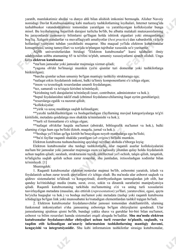 qchisiz. kompyuter va internet yordamida ma'lumotni bir necha daqiqada topish mumkin. ma'lumot dunyoning ixtiyoriy nuqtasidan bir zumda sizning kompyuteringiz ekranida tasvirlanadi. buning uchun siz kompyuteringiz tugmachasini bosishingiz va elektron kutubxonaga kirishingiz etarlidir. bir necha daqiqada ma'lumot ko`z oldingizda namoyon bo`ladi. bu mujizani eslatadi. bu mujiza virtuallik deb ataladi. unga faqat kompyuter va maxsus tarmoq orqali erishish mumkin. bir necha yil avval bir maqolani topish uchun oylab vaqt sarflash zarur edi. bugun esa bu maqsadni amalga oshirish uchun boshqa shaharga borish va vaqt sarflash zarurati yo`qoldi. elektron kutubxonalar yordamga keldi. elektron kutubxonalarni turlicha nomlashadi: elektron kutubxona, virtual kutubxona, e-kutubxona, e-library, digital library. keyingi vaqtlarda virtual dunyo, virtual olam, virtual do`st kabi so`zlar paydo bo`ldi. virtual so`zining ma'nosi bu tasavvur qilishdir. virtual kutubxona bu odatdagi kutubxonaning abstrakt ko`rinishidir. bu kutubxonaning kitoblari, jurnallari va ro`znomalari kitob javonlarida emas, balki kompyuter xotirasida joylashgan bo`ladi. bu kompyuterda yoki kompyuter maxsus qurilmalarida raqamli formatda saqlanadigan ma'lumotlar …