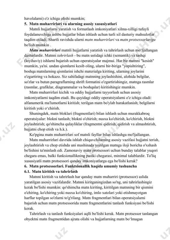 i; madaniy va mafkuraviy asos) o'z ichiga olgan murakkab kommunikativ hodisa sifatida belgilashda kontekstni, xususan, ommaviy axborot vositalarining matnini o'rganish nuqtai nazaridan kengroq tushunchaga alohida ahamiyat beriladi. 4. matnli hujjat va uning tuzilishi yozuv ixtiro qilinganidan beri matnli hujjatlar ma'lumotlarni saqlash va uzatish uchun ishlatilgan. zamonaviy ma'noda matnli hujjat qisqa eslatma yoki qalin tasvirlangan kitob bo'lishi mumkin. so'z, jumla, paragraf, sarlavha, altbilgi, ustunlar va dizayn uslublari kabi semantik qismlarni ajratib ko'rsatish . keling, ularga qisqacha ta'rif beraylik. belgi - matndagi alohida belgi (harf) bo'lib, unga kod beriladi; alfavit belgilari uchun millati ko'rsatilgan. matnning ikki bo'shliq orasidagi qismini so'z deb ataymiz.matnda ifodalangan muhim fikrni ta'kidlash uchun shriftda bir so'z yoki bir nechta so'zlarni ajratib ko'rsatish mumkin. gap ikki nuqta orasidagi matn bo'lagidir. kichik strukturaviy elementlar jumlalarga bo'linadi. tinish belgilari gaplardagi kayfiyatni ifodalash uchun ishlatiladi. abzats - bu ikkita satr uzilish belgisi orasidagi matn bo'limi (muharrirlarda bu enter tugmasini bosishga to'g'ri keladi). …