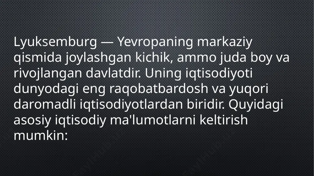 . u karbon izini kamaytirishga qaratilgan siyosatlarni ilgari suradi, shuningdek, qayta tiklanadigan energiya manbalarini rivojlantirishga sarmoya kiritadi. bu, ayniqsa, quyosh va shamol energiyasidan foydalanishni kengaytirishga yo‘naltirilgan. lyuksemburgda turizm sohasining ulushi iqtisodiyotda nisbatan kichik bo‘lsa-da, mamlakat o‘zining tarixiy obidalar, go‘zal manzaralari va madaniyat merosi bilan sayyohlarni jalb qiladi. bu yerda ko‘plab qal'alar, tarixiy shaharlar va tabiat bog‘lari bor. lyuksemburg yevropadagi eng yaxshi infratuzilma tizimiga ega davlatlardan biridir. mamlakatda transport tizimi juda rivojlangan, yo‘llar, temir yo‘llar va havoni aloqalar yaxshi rivojlangan. shuningdek, lyuksemburgda jahon miqyosida yuqori sifatli telekommunikatsiya va raqamli infratuzilma mavjud. lyuksemburgda ko‘plab xalqaro tashkilotlar joylashgan, jumladan, yevropa ittifoqining ba'zi institutlari va sudlari, evropa investitsiya banki (eib) va boshqa xalqaro tashkilotlar. bu esa mamlakatni global iqtisodiy tizimda muhim o‘rin tutuvchi davlatlardan biriga aylantiradi. lyuksemburgda ish haqi o‘rtacha daraja juda yuqori. xususan, moliya va bank sohalarida ishlovchi mutaxassislar o‘zlarining katta maoshlarini olishadi. mamlakatda xalqaro kompaniyalar tomonidan taklif qilinadigan yuqori daromadli lavozimlar ham …
