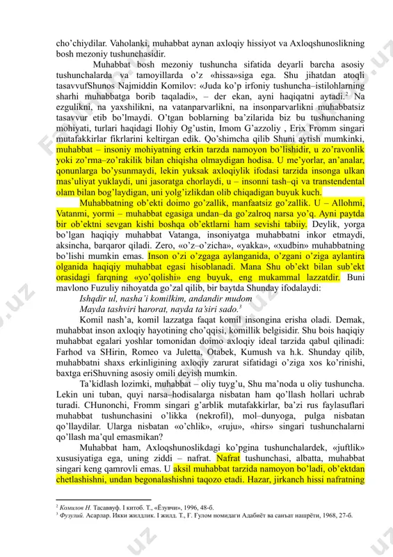 arda, axloqsizlik esa illatlarda namoyon bo’ladi. bu ikki qutb – tushuncha kun–tun, oq–qora singari bir–birini inkor va ayni paytda, taqozo etgani holda mavjuddir. zero, fazilat, arastudan tortib ibn sinogacha bo’lgan qadimgi faylasuflar ta’kidlaganlaridek, ikki illat oralig’ida ro’y beradi. boshqacha qilib aytganda, fazilat ikki manfiylik o’rtalig’ida yuzaga keladigan musbat hodisadir. chunonchi, adolat – zulm bilan mazlumlikning, saxiylik – isrofgarchilik bilan baxillikning, iffat – qizg’anchiqlik bilan rujuning o’rtalig’i sifatida voqe bo’ladi. fazilat va illat shunday yirik hamda qamrovli atamalarki, ularning har biri o’z ichiga bir necha emas, o’nlab emas, balki yuzlab tushunchalarni oladi. shu jihatdan axloqshunoslik barcha falsafiy fanlar ichida tushunchalarining ko’pligi va xilma–xilligi bilan alohida ajralib turadi. ularni avvalgi ilmiy–uslubiy adabiyotlarda, xususan, lug’atlarda axloqshunoslik mezoniy tushunchalari yoxud kategoriyalari, axloqiy mezoniy tushunchalar, axloqiy tamoyillar, axloqiy me’yorlar, axloqiy munosabatlar, axloqiy hissiyotlar singari guruhlarga bo’lib taqdim etilgan. bunday «maydalashtirish», bizningcha, shart emas. chunki u, birinchidan, tizimni murakkablashtiradi, ikkinchidan, muayyanlikdan yiroqlashtiradi, uchinchidan, tushunchalar bilan hissiyotlarni, …