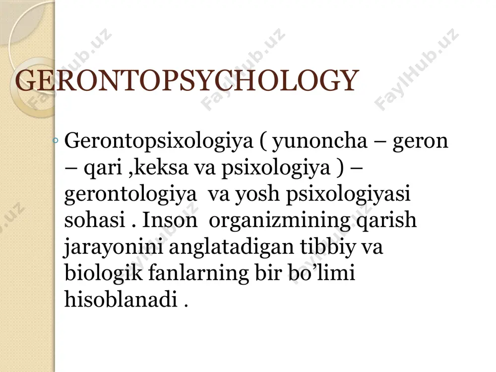 ningdek, inson kamolotiga shaxs sifatida yondashishning paydo bo’lishi psixogerontologiya rivojiga ta’sir kursatdi. grekov so’z metodi assotsiyatsiyasi asosida xotira jarayonining xususiyatlarini o’rgangan. uning ma’ lumotlari quyidagicha: 1. 70 dan 80 gacha bo’lgan keksalar xotira (mexanik xotira)zaiflashadi; 2. 70 dan 80 gacha bo’lgan keksalarda mantiqiy – ma’noli xotirada miqdorning ahamiyati saqlanadi; 3. obrazli xotira zaiflashadi ; 4. uzoq muddatli xotira kuchsizlanadi; 5. 90 yoshda nutqning ichki bog’lanishi buziladi. e’tiboringiz uchun raxmat. /docprops/thumbnail.jpeg