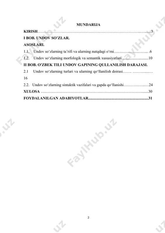 si kabi sohalarda undov so‘zlarning ahamiyati kuchayib bormoqda. ularning nutqiy harakatdagi roli, dialog va yozma matnlardagi o‘rni zamonaviy tadqiqotlarning asosiy mavzularidan biriga aylanmoqda. 4. o‘zbek tilining ifoda vositalarini rivojlantirish – undov so‘zlar milliy madaniyat va adabiy tilning ajralmas qismi hisoblanadi. ularning lug‘at tarkibidagi o‘rnini aniqlash, yangi shakllarini kuzatish va ularning funksional imkoniyatlarini o‘rganish til taraqqiyotini tushunishda muhim ahamiyatga ega. shu sababli, undov so‘zlarning lingvistik xususiyatlarini chuqur o‘rganish nafaqat o‘zbek tilshunosligi, balki umumiy tilshunoslik va kommunikativ tadqiqotlar nuqtayi nazaridan ham dolzarb hisoblanadi. mavzuning o‘rganilganlik darajasi. undov so‘zlar tilshunoslikda uzoq vaqtdan beri o‘rganib kelinayotgan leksik-sintaktik birliklardan biri bo‘lib, ular o‘zbek tili grammatikasi va umumiy tilshunoslik doirasida ham alohida tadqiq qilinmoqda. ushbu mavzu bo‘yicha turli xil ilmiy manbalarda qator tadqiqotlar olib borilgan bo‘lsa-da, undov so‘zlarning pragmatik, stilistik va funksional xususiyatlarini yanada chuqurroq o‘rganish zarurati mavjud. 1. klassik grammatik tadqiqotlar – o‘zbek tilshunosligida undov so‘zlar haqida dastlabki ilmiy qarashlar xx asr boshlarida shakllangan. n. …