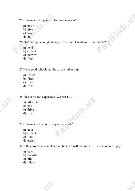 l be doing # b) do c) was doing d) does 86.we __________ an interesting program before they came. a) had been watching# b) are going to watch c) have watched d) will have watched 87. i had read the book _____ i saw the film. a) before# b) than c) until d) when 88.i’ll never forget _____ him for the first time. a) meeting# b) meets c) met d) meet 89. the baby didn't get much sleep. we didn't ______. a) either# b) much c) less d) more 90.if i have enough money left, i'll buy some cheese, ______. a) too# b) after c) till d) in 91.________ you help me with this heavy box? a) will# b) please c) how often d) till 92.i'd rather have it grilled_____ boiled. a) than# b) to c) from d) that 93. __________ to it or shall i turn it off? a) …