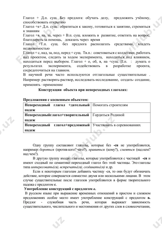 ении: переходный глагол + сущ. в.п. : открыть закон, провести эксперимент, изучить происхождение, создать теорию, доказать гипотезу. глагол + сущ. р.п. без предлога: лишиться лицензии, избегать неприятностей непереходный глагол +от, из, у ,без +сущ.в р.п : изготовить из серебра, зависеть от доказательства, состоит из микроэлементов, происходит от слова глагол + д.п. сущ. без предлога: обучать делу, предложить учёному, способствовать открытию глагол +к+ д.п. сущ.: обратиться к закону, готовиться к занятию, стремиться к знаниям глагол +в, на, за, через + в.п. сущ. вложить в развитие, ответить на вопрос, благодарить за помощь, доказать через время глагол +т.п. сущ. без предлога располагать средствами, владеть недвижимостью глагол + с, над, за, под, перед + сущ. тв.п.: советоваться с коллегами, работать над проектом, следить за ходом эксперимента, находиться под влиянием, находиться перед выбором. глагол + о, об, в, на +сущ. п.п. : думать о результатах эксперимента, содействовать в разработке проекта, сосредоточиться на главном. в научной …