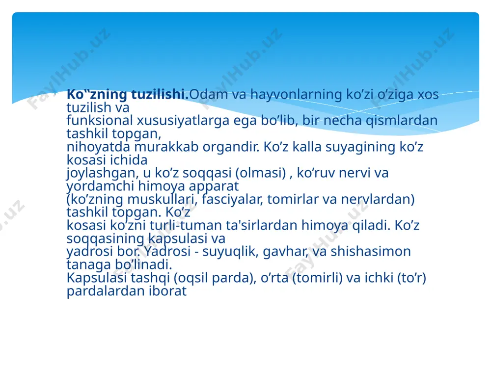 chalardan to’r pardaning tashqi pigmentli qavatiga o’tadi. qorongulikda esa, rodopsin qayta sintezlanib, tiklanadi. avitaminoz a da rodopsinning sintezlanishi bo’ziladi. oqibatda bunday hayvonlar kunduz odatdagidek ko’rib, gira-shira (xira) yorug’likda ko’ra olmay qoladi, ya'ni shapko’rlik kelib chiqadi (qo’yiga qarang). rodopsin va fotoretseptorlardagi boshqa pigmentlarning yorug’lik yo’tishi hamda parchalanishi ularga ta'sir etadigan yorug’likning to’lqin uzunligiga bog’liq. jumladan, rodopsin to’lqin uzunligi 500 mmk ga boradigan nurlarni ancha yo’tsa, yodopsin 560 mmk ga yaqin bo’lgan yorug’lik nurlarini yaxshi yo’tadi. xullas, to’r pardaga tushgan yorug’lik nurlari u yerdagi tayoqcha va kolbacha hujayralarini bir qator fotokimyoviy reaksiyalar oqibatida qo’zg’atadi. to’r pardaning tayoqcha va kolbachalar joylashgan qavatidan ichkari tomonida va bevosita shu qavatning yonida bipolyar neyronlar qavati, uning ichkarisida esa ganglioz hujayralar qavati joylashgan. bundan ko’rinadiki, shishasimon tanadan o’tayotgan yorug’lik nurlari to’r pardaning tayoqcha va kolbachalari joylashgan qavatiga tushmasdan oldin uning ganglioz va bipolyar nerv hujayralari joylashgan qavatidan o’tadi. ganglioz hujayralarning aksonlari ko’ruv nervi tolalarini hosil qiladi. shunday …
