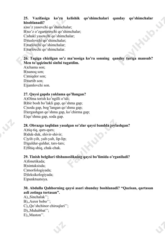 da yopiq gaplar; c)yo kesimi, yo egasi bo’lmagan gaplar; d)qo’shma gaplar; e)shaxsi noma’lum gaplar. 43. so’z birikmasi qaysi bandda keltirilgan? a)vatan uchun; b)yaxshi o’qimoq; c)u keldi; d)erta bahor; e)navro’zni qarshilamoq. 44. gapning ikkinchi darajali bo’laklari ko’rsatilgan bandni belgilang. a)undalma, kirish gap; b)aniqlovchi, to’ldiruvchi, hol; c)gapdagi yordamchi so’z turkumlariga oid so’zlar; d)ega,kesim; e)kirish so’z, urg’u. 45. faqat sifatdan iborat so’zlar berilgan bandni toping. a)to’p, sinf, suvli; b)kulrang, oqar, achchiq; c)o’n, u, ko’k; d)qirov, sovuq, mushak; e)kitob,daftar, qanot. 46. “devoni hikmat” asarining muallifi qaysi bandda berilgan? a)ahmad yassaviy; b)qutb xorazmiy; c)sakkokiy; d)ahmad yugnakiy; e)mahmud koshg’ariy. 47. “alisher navoiy” filmida bosh qahramon-navoiy siymosini kim ijro etgan? a)yoqub ahmedov; b)sh.burhonov; c)olim xo’jayev; d)razzoq hamroyev; e)zikir muhammadjonov. 48. qaysi bandda faqat qo’shimchalar qo’shib yasalgan so’zlar berilgan? a)bo’g’otda, ko’chalar, oshgan; b)gulxayri, suvchi, tomorqa; c)tuzsiz, qirg’ich, qishloq; d)notinch,rang,bog’da; e)ilmli, qorong’i, atirgul. 49. navoiyning “layli va majnun” dostonidagi personaj nomi qaysi bandda keltirilgan? a)farhod; b)navfal; c)mehinbonu; d)bahrom; e) …