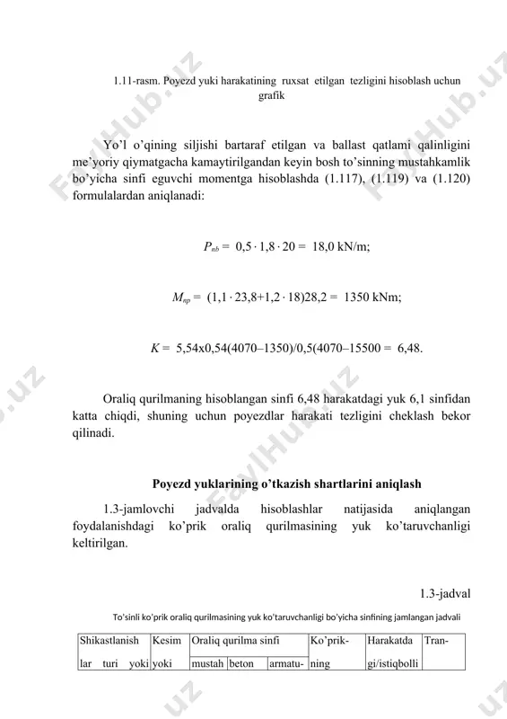 i 1.4-jadvaldan qabul qilinadi. agar oraliq qurilmaning mustahkamlik va chidamlilik bo’yicha sinfi yuk sinfidan katta bo’lsa, unda bu yukka xech qanday cheklovsiz harakat qilishga ruxsat etiladi. agar oraliq qurilmaning mustahkamligi bo’yicha sinfi tegishlicha yuk sinfidan kichik (kp(ko) bo’lsa, unda bu yukni chegaralangan tezlikda o’tkazish imkonini tekshirish lozim. ammo bunda rejaga muvofiq oraliq qurilmani ta’mirlash yoki kuchaytirish lozim, armaturaning katta qismini chirishi va betonning ishqorlanishiga olib keladigan nuqsonli gidroizolyatsiyasi bo’lsa, oraliq qurilmani yangisiga almashtirish maqsadga muvofiqdir [6]. 1.4-jadval harakat tarkibining sinfi vagonli elektrovoz va teplovozlar (, m 8,7 9,25 10,8 11,5 12,8 13,6 15,8 ko 5,5 5,3 5,5 5,3 5,65 5,5 5,75 5,6 5,8 5,8 5,85 5,85 6,2 6,0 тransporterlar ko 7,25 6,75 7,3 6,75 7,45 7,45 7,5 7,45 7,6 7,7 7,6 7,75 7,85 8,0 izoh. suratida ta’sir chizig’i uchining holati ( = 0 uchun ko ning qiymati, maxrajda esa ( = 0,5 uchun berilgan. (o ning oraliq qiymatlari uchun koning …