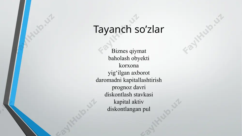 obyektining joriy qiymatini hisoblashi; yakuniy tuzatishlar kiritishi lozim. xususiy kapitalga olingan pul oqimi uchun diskontlash stavkasi quyidagi usullardan biri yordamida hisoblanadi: kapital aktivlarni hisoblash usuli; kumulyativ tuzish usuli; diskontlangan pul oqimini tahlil qilish usuli. investitsiyalangan kapitalga olingan pul oqimiga diskontlash stavkasini hisoblash uchun kapitalning o‘rtacha o‘lchangan qiymati usuli qo‘llaniladi. diskontlash stavkasi tanlangan pul oqimiga muvofiq bo‘lishi lozim. baholash obyektining prognoz davri tugaganidan keyingi qiymatini aniqlash quyidagi usullardan biri yordamida amalga oshiriladi: agar pul oqimlarini barqarorlashtirish mo‘ljallanayotgan bo‘lsa, prognoz davri tugaganidan keyin birinchi yil pul oqimini gordon modeliga muvofiq kapitallashtirish yo‘li bilan; agar prognoz davri tugaganidan keyin biznesni sotish mo‘ljallanayotgan bo‘lsa, sof aktivlar qiymati bo‘yicha yoki mo‘ljallanayotgan qayta sotish narxi bo‘yicha; agar prognoz davri tugaganidan keyin biznesni tugatish mo‘ljallanayotgan bo‘lsa, tugatish qiymati bo‘yicha. baholovchi quyidagi yakuniy tuzatishlarni kiritadi (yoki kiritishdan voz kechish sabablarini asoslaydi): pul oqimini shakllantirishda ishga solinmagan aktivlar mavjudligiga; xususiy aylanma kapitalning ortiqchaligi yoki taqchilligiga; agar baholash obyekti mulkdagi …