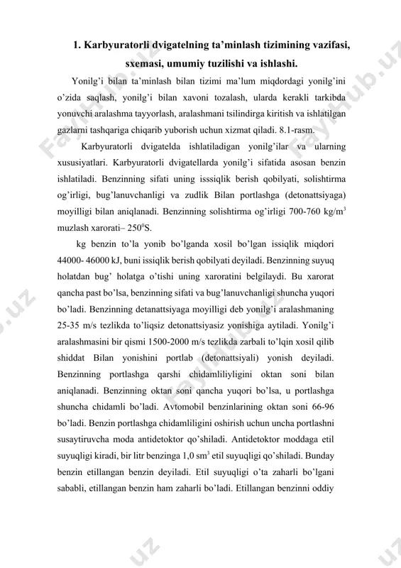 ncha past bo’lsa, benzinning sifati va bug’lanuvchanligi shuncha yuqori bo’ladi. benzinning detanattsiyaga moyilligi deb yonilg’i aralashmaning 25-35 m/s tezlikda to’liqsiz detonattsiyasiz yonishiga aytiladi. yonilg’i aralashmasini bir qismi 1500-2000 m/s tezlikda zarbali to’lqin xosil qilib shiddat bilan yonishini portlab (detonattsiyali) yonish deyiladi. benzinning portlashga qarshi chidamliliyligini oktan soni bilan aniqlanadi. benzinning oktan soni qancha yuqori bo’lsa, u portlashga shuncha chidamli bo’ladi. avtomobil benzinlarining oktan soni 66-96 bo’ladi. benzin portlashga chidamliligini oshirish uchun uncha portlashni susaytiruvcha moda antidetoktor qo’shiladi. antidetoktor moddaga etil suyuqligi kiradi, bir litr benzinga 1,0 sm3 etil suyuqligi qo’shiladi. bunday benzin etillangan benzin deyiladi. etil suyuqligi o’ta zaharli bo’lgani sababli, etillangan benzin ham zaharli bo’ladi. etillangan benzinni oddiy benzindan ajratish oson bo’lishi uchun uncha qizg’ichsariq yoki ko’k-yashil bo’yoq qo’shib rangi o’zgartiriladi.[footnoteref:1] [1: fayzullayev e.z. transport vositalari tuzilishi va nazariyasi. darslik. 1-qism.-t.: “yangi asr avlodi”, 2006. -375 b. ] avtomobil dvegatellari uchun gost bo’yicha quyidagi belgili benzinlar ishlab chiqariladi: a-72, …