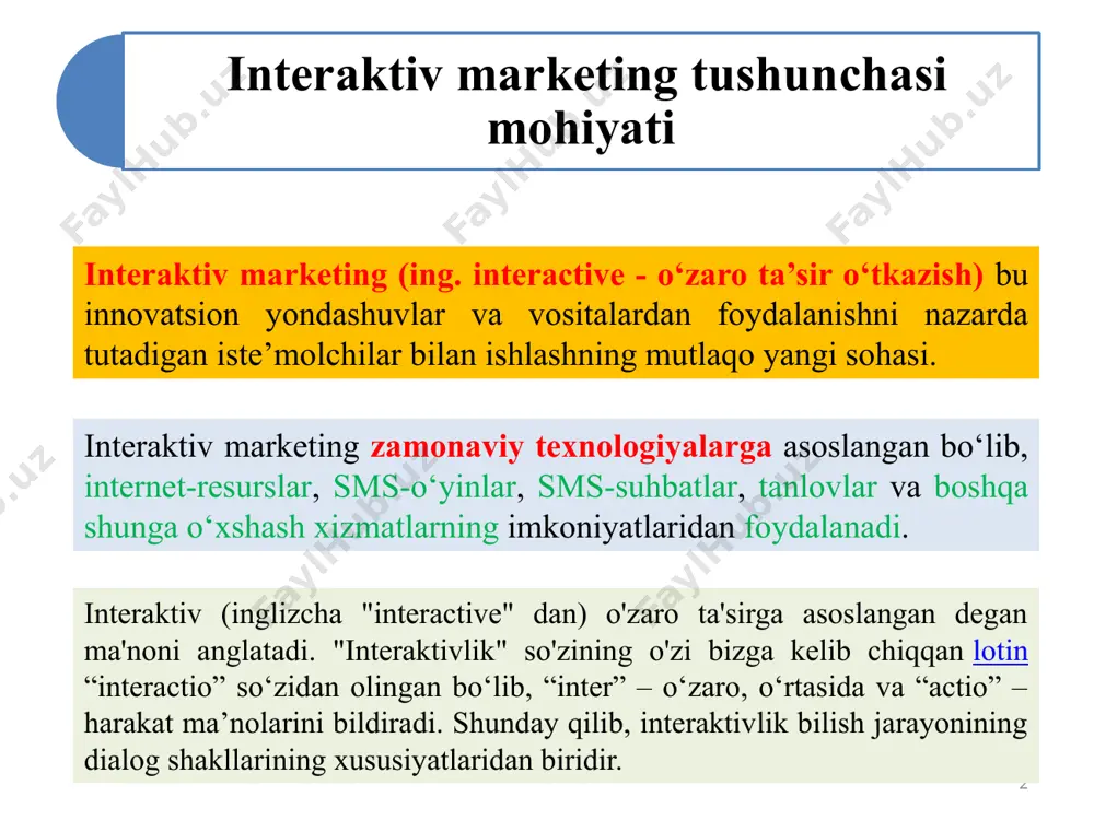 mulohazalarini qoldirishlari mumkin. interaktiv marketing ko‘pincha voqealarga asoslangan marketing yoki hattoki trigger-marketing deb ataladi, chunki bu mijozning e’tiboriga tushgan narsalarga javob berish va marketing samaradorligini oshirish bilan bog’liq. ingliz tilidan tarjima qilingan “trigger” so‘zi "ishga tushirish" degan ma’noni anglatadi. to‘g‘ri tarjima ushbu tushunchaning mohiyatini aks ettiradi. trigger - bu sotuvchilarning quroli. ushbu atama marketologlar tomonidan yaxshi ko‘riladi, chunki u ularga foyda keltiradi. marketingda haqiqatan ham yaxshi ishlaydigan triggerlar: “narxlar oy oxirigacha amal qiladi”, “aksiyalar tugamoqda”. 4 interaktiv marketingdagi eng katta innovatorlardan biri amazon.com. u saytga tashrif buyuruvchilarning xatti-harakatini to‘playdi va tahlil qiladi, keyin bu tahlildan mijozga mazmunli ma’lumotni ko‘rsatish uchun foydalanadi. amazon oldingi kitob qidirishlari yoki xaridlari asosida "o‘qishni tavsiya etgan" tanlov taklif qiladi. onlayn muhitning bunday turi shaxsiy xarid qilish tajribasini va sayt ichida uzoq vaqt qolishini (ba’zan "saytga yopishqoqlik" deb nomlanadi) va ko‘proq xaridlar amalga oshishini yaratadi. amazon nafaqat sizning qidiruvingizga o‘xshagan boshqa narsalarni ko‘rib chiqayotganini emas, balki …
