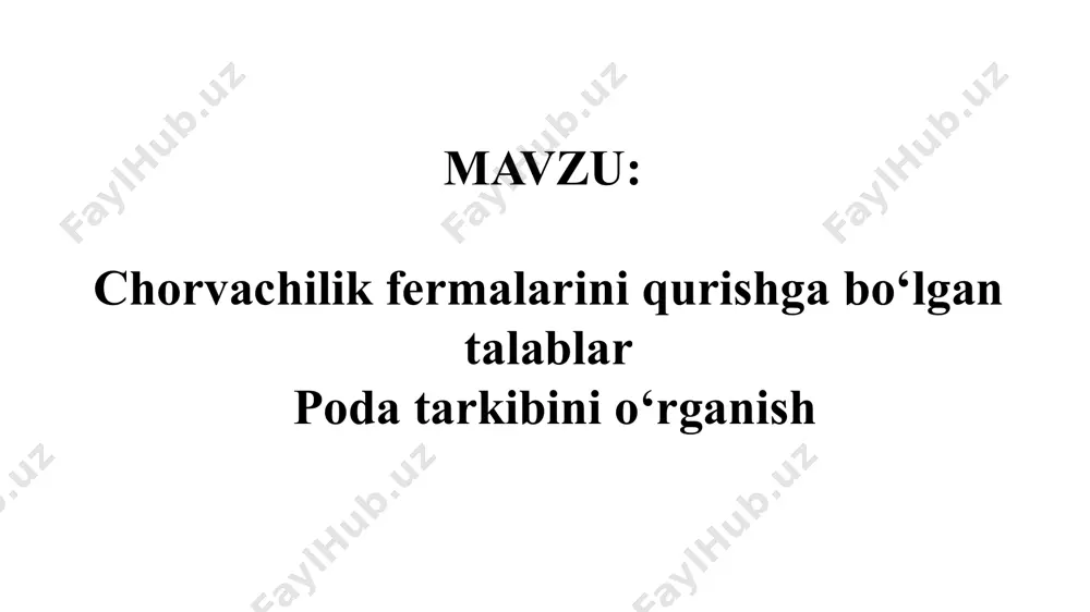 lanmaganligi va ulardan tozalanganligi aniqlanadi. chorvachilik fermalari aholi yashash punktlaridan pastda shamol oqimi esa aholi yashash punktidan ferma tomonga qarab esishi lozim. yer osti suvlari eng kamida 2 metr pastda bo‘lishi zarur. fermalar quriladigan joy iloji boricha tekis, lekin chorva hayvonlari saqlanadigan binolar 150 qiyalikdan qurilishi shart, chunki qor va yomg‘ir suvlari va fermadan chiqadigan chiqindilarning fermada to‘planib qolmasligi va o‘zi oqib chiqib ketishi uchun. bundan tashqari fermaga quyosh nuri yaxshi tushadigan bo‘lishi zarur. chorvachilik fermalari aholi yashash joylaridan hayvonlarning turiga qarab quyidagicha uzoqlikda quriladi. yilqichilik, quyonchilik fermalari 100 metr, qoramolchilik, qo‘ychilik 300 metr, parrandachilik fabrikalari 1000 metr. veterinariya talablari jihatdan chorvachilik binolari boshqa ishlab chiqarish binolaridan quyidagicha masofada qurilishi tavsiya etiladi. qoramol, qo‘y, yilqichilik va cho‘chqachilik fermalari orasi 150 metr, quyonchilik 300 metr, parranda fermalari 200 metr, fabrikalari 1000 metr, meneral o‘g‘it saqlanadigan binodan 300 metr. ixtisoslashtirilgan yirik chorvachilik komplekslari va parrandachilik fabrikalari aholi yashash punktlaridan 3 km, temir …