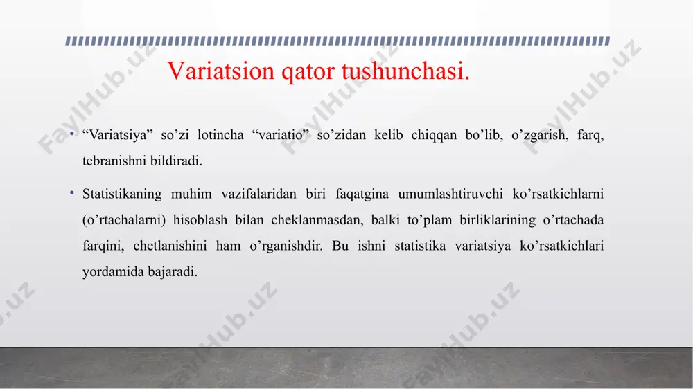 elgilab chiqish demakdir. rang o’rnilari asosan har bir ko’rsatkichning tartib o’rniga mos keladi,biroq agar ketma-ket joylashgan ikki yoki undan ortiq ko’rsatkichlar o’zaro teng bo’lsa, ularga o’rtacha rang o’rinlari belgilanadi. buning uchun maskur o’zaro teng bo’lgan ko’rsatkichlarning alohida tartib o’rinlari bir-biriga qo’shilib, ularning umumiy soniga qo’shiladi: (4+5)/2=4,5 (8+9)/2=8,5 o‘rtacha arifmetik qiymatlar va ularning xossalari. statistikada o’rtacha miqdorlarning xilma-xil turlari va shakllari mavjud. bularga o’rtacha arifmetik, o’rtacha geometrik, o’rtacha kvadratik, shular jumlasidandir. bular bilan bir qatorda taqsimot qatorlarida o’rtachaga o’xshash funktsiyani bajaruvchi o’rta miqdorlar (varianta qiymatlari) ham bor. bular moda, mediana va turli kvantililardan tarkib topadi. ular qatorning tartibli yoki davriy o’rta hadlari (miqdorlari) deb ataladi. o’rtacha arifmetik miqdor o’rtachalarning eng sodda va amaliyotda juda keng qo’llanadigan turidir. u o’rganilayotgan belgi to’plam birliklarida ega bo’ladigan ayrim miqdoriy qiymatlarini qo’shishdan olinadigan umumiy hosilaga (yig’indiga) hamda birliklar soniga asoslanadi. agarda o’rtacha arifmetik miqdorni variatsion qator nuqtai nazaridan qarasak, u qator variantasining shunday o’rtacha qiymatiki, …