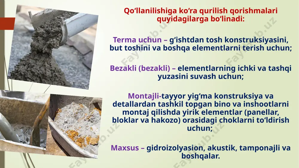 shmalarini ishlab chiqarish dolzarb muammo hisoblanadi. sement asosli kafel kleyda foydalanilgan to‘ldiruvchilar taxlili nomi qum qazib olingan kon joyi qumning tasnifi donadorlik modeli namligi, %: xajmiy massasi, kg/m3 mikrokalsit samarqand viloyati urgut tumani tabiiy maydalangan, elangan fraksiyalangan. karbonat tog‘ jinsi o‘rtacha (средний) 0,18 1410 kvars qumi toshkent viloyati chirchiq tumani tabiiy elangan mayin (мелкий) 0,53 1355 kvars barxan qumi navoiy viloyati karmana tumani tabiiy elangan juda mayin (очень мелкий) 0,48 1380 to‘ldiruvchilar (qumlar)dan foydalanib tayyorlangan kafel kleylarning mustaxkamligiga ta’sirini tahliliy jadvali. nomlanishi miqdori, nisbati, %: mustaxkamligi, siqish kuchi bo’yicha, mpa: mustaxkamligi, yopishish kuchi bo’yicha, mpa: mikrokalsit qumli quruq aralashma 61,5 12,05 0,76 may kvars qumli quruq aralashma 61,5 7,3 0,32 karmana barxan kvars qumli quruq aralashma 61,5 8,1 0,51 sement asosli kafel kley quruq qurilish aralashmalari ishlab chiqarish uchun ishlatilgan xomashyolar kimyoviy tarkibi № material oksidlar tarkibi, massa % sio2 a12o3 fe2o3 sao mgo so3 r2o kuydirilgandagi yo’qotish jami 1. …