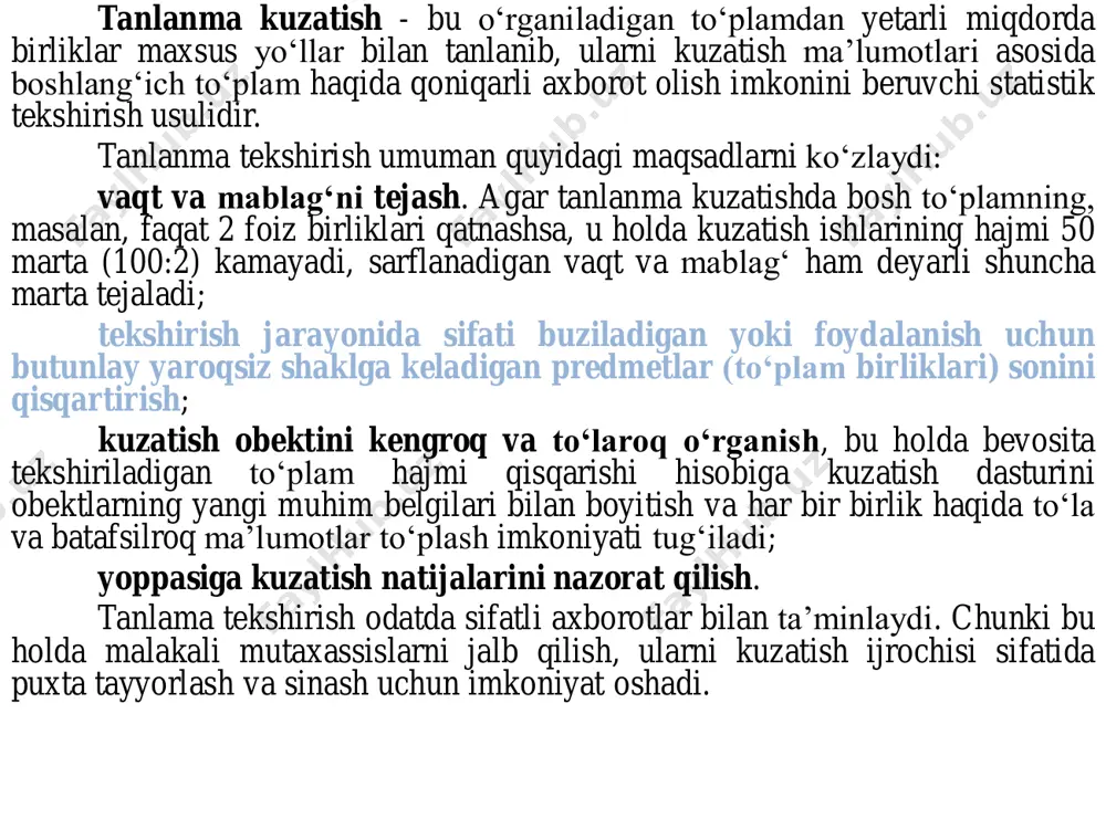 demographic transition • example: u.s. history – when became industrial, fewer (kamroq) kids/family • lowered infant mortality (bolalar o'limi kamaydi) • no need to rely on children’s labor (bolalar mehnatiga tayanish) • more opportunities (imkoniyatlar) for women • happened without (tug'ilishni nazorat qilmasdan) birth control global fertility (fertillik (son emas sifatli avlod)) • 1950’s: 5 children/woman • 1970’s: 4 children/woman • 1990’s: 2.8 children/woman • replacement: 2.1 children/woman world population growth food production in sub-saharan africa • food production in sub saharan africa not keeping up with population yalpi jamlanma va tanlanma yalpi jamlanma (population) – tadqiqotchini qiziqtiruvchi o’rganilayotgan ob`ektlarning barchasi. tanlanma (sample) – yalpi jamlanma xossalari xususida xulosa chiqarish maqsadida o’rganilayotgan va maxsus usulda saralanib tashkil qilinayotgan yalpi jamlanmaning uncha katta bo’lmagan qismi. yalpi jamlanma va tanlanma 150 ming nafar odam 250 nafar uylanmagan erkaklar ulushi qancha? uylanmagan erkaklar ulushi qancha? yalpi jamlanma tanlanma statistika amaliyotida shunday to‘plamlar tez-tez …