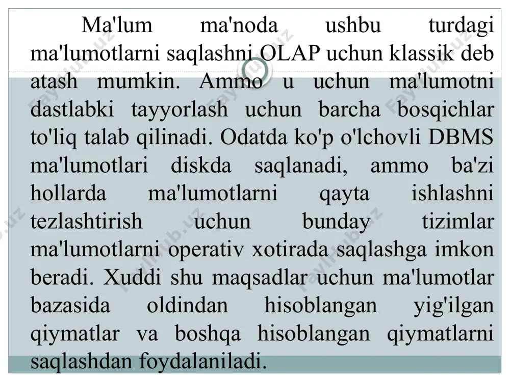 ifaga bo'linadi: 1. molap uchun manba va yig'ma ma'lumotlar ko'p o'lchovli ma'lumotlar bazasida yoki ko'p o'lchovli mahalliy kubda saqlanadi. 2. rolap mahsulotlarida manba ma'lumotlar relyatsion ma'lumotlar bazalarida yoki fayl serveridagi tekis lokal jadvallarda saqlanadi. umumiy ma'lumotlar bir xil ma'lumotlar bazasidagi xizmat jadvallariga joylashtirilishi mumkin. ma'lumotlarni relyatsion ma'lumotlar bazasidan ko'p o'lchovli kublarga o'tkazish olap vositasi talabiga binoan sodir bo'ladi. 3. holap arxitekturasidan foydalanganda asl ma'lumotlar saqlanib qoladi munosabat asosiva agregatlar ko'p o'lchovli joylashtirilgan. olap kubik olap vositasi talabiga binoan relyatsion va ko'p o'lchovli ma'lumotlarga asoslanib qurilgan. olap texnologiyasining asosiy xususiyatlari (basic): - ma'lumotlarning ko'p o'lchovli kontseptual namoyishi; - intuitiv ma'lumotlar manipulyatsiyasi; - ma'lumotlarning mavjudligi va tafsilotlari; - talqin bilan taqqoslaganda ommaviy ma'lumotlarni chiqarib olish; - olap tahlil modellari; - mijoz-server arxitekturasi (olap-ga ish stoli orqali kirish mumkin); - shaffoflik (tashqi ma'lumotlarga shaffof kirish); ko'p o'yinchini qo'llab-quvvatlash. olap ko'p faktorli ma'lumotlarni tahlil qilish vazifasi bo'lgan joyda amal qiladi. umuman olganda, agar sizda …