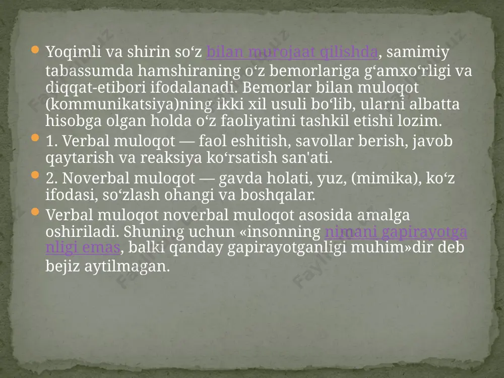 adi, nosamimiylik paydo bo‘ladi. u altruist, ya’ni muravvatli kishi rolini o‘ynaydi, «artist»lik qobiliyatlarini namoyish etadi. uning xulq-atvori sun’iy, ko‘zbo‘yamachilik uchun qilinadi. asabiy hamshira. bu hissiy jihatdan o‘zgaravchan, nevrotik reaksiyalarga moyildir. buning natijasida u ko‘pincha jahldor, jizzaki qo‘pol bo‘ushi mumkin. bunday hamshira doimo qovog‘i soliq, norozi qiyofada yuradi. u g‘oyat ipoxondrik bo‘lib, kasallik yuqishidan yoki «og‘ir kasauik» bilan og‘rishdan qo‘rqadi, zimmasidagi topshiriqlarni bajarishdan bosh tortib, turu sabablarni ro‘kach qiladi, bu holat ko‘pincha bemorlarga zararli ta’sir ko‘rsatadi. 4. erkaklarga o‘xshagan, irodasi kuchli hamshira. u qat'iyatli, keskin, ozgina tartibsizliklarga ham murosasiz bo‘ladi. ko‘pincha unchalik saranjom-sarishta bo‘lmay, bemorlarga qo‘pollik va hatto do‘q-po‘pisa ham qiladi. qulay sharoitlarda bunday hamshira yaxshi tashkilotchi bo‘lishi mumkin. 5. jonkuyar hamshira. bunday hamshira o‘z ishini fidoiylik va bemorlarga mehribonlik bilan bajaradi. u chaqqon va uddaburon, bemorlarga g‘amxo‘r bo‘ladi. uning shaxsiy hayoti ham boshqalarga qayg‘urish, yordam berish va kuch-g‘ayratini ayamaslikdan iborat.6. mutaxassis hamshira. u o‘ziga xos xususiyatlari va alohida qiziqishlariga ko‘ra, …