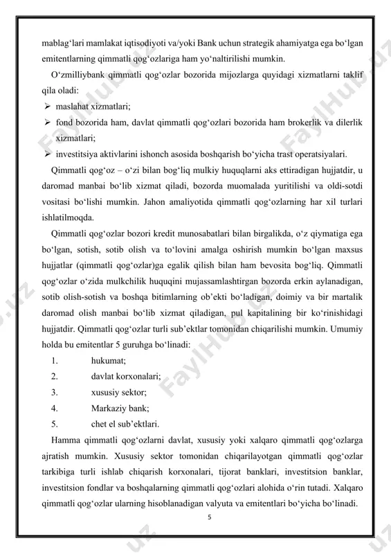 'rsatilgan; - ro'yxatdan o'tgan qimmatli qog'ozlar, unda egasining ismi shaklning o'zida yoki reestrda ko'rsatiladi. bu yozma va elektron shaklda sodir bo'ladi; - taqdim etuvchi qimmatli qog'ozlar, emasxaridorni ko'rsatadi va identifikatsiyani talab qilmaydi. ular roʻyxatdan oʻtmagan. hozirgi kunda koʻplab qimmatli qogʻozlar garovga qoʻyilgan. baholash bozor qiymatidan pastroq bo'ladi, shuning uchun kursda yo'qotish bo'lishi mumkin. markaziy bank bilan ishlash xavfsiz emas, turli risklar mavjud. masalan: - markaziy bank likvidligining pasayishi bilan keyingi sotish vaqtida ularning qiymatining pasayishi ehtimoli bor, ayrim hollarda sotish tannarxdan ancha past amalga oshiriladi; - emitent bankrot boʻlganda; - bozor sharoiti yomonlashganda qimmatli qogʻozlar arzonlashadi. agar aksiya narxida yoʻqotish boʻlsa, uni iloji boricha kichikroq tutishga harakat qiling. qimmatli qog'ozlar bozoridagi investitsiyalarni yo'qotish ehtimoli "portfel riski" deb ataladi. qimmatli qog'ozlar narxini yo'qotish ehtimoli juda katta, bu sizning nazoratingizdan bo'lmagan holatlar tufayli yuz berishi mumkin. qimmatli qog'ozlar bozorining quyidagi turlari mavjud: 1. birlamchi, bu erda faqat chiqarilgan qimmatli qog'ozlar sotiladi. 2. …