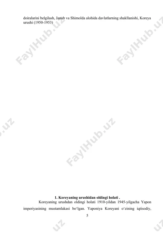 atning haydaladigan yerlarining 40 foizito‘plandi. 70 foizdan ortiq qishloq xo'jaligi m ahsulotlari yaponiyaga olib ketildi. _____________ axmedov a. – jahon tarixi (xx–xxi asr boshlarida). – toshkent: o‘qituvchi nashriyoti, 2019-yil. yerning ijara totovi hosilning 50-70 foizga yetdi, uzoq m uddatli qarzlar esa 6 0 -7 0 foizni tashkil etdi. 52 dan ortiq soliqlam ing joriy etilishi natijasida odam lam ing oxirgi buyum larigacha tortib olindi. d ehqonlar o'z chek yerlaridan ham m ahrum botdilar. a lbatta, m u stam laka h u ku m atning m aqsad i koreyslarning o 'zlig in i anglashini tu gatishdan iborat botgan k oreyslar o 'z tarixi va ona tillarini u nu tishga m ajbu r qilindi. n afaqat siyosiy, balki ilmiy, adabiy, sport va boshqa sohalard a ham k oreys uyu shm alari tuzish taqiqlandi. k oreys teatrlari, m u zeylari yopib qo 'y ild i, m illiy bayram lar, raqslar, m usiqa, m …