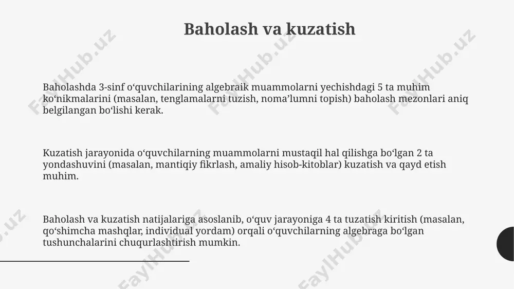 ngan o'rganish, o'quvchilarning muammolarni hal qilish qobiliyatini 20% ga oshirib, mustaqil fikrlashni 15% rivojlantiradi, bu esa ularning matematik bilimlarini chuqurroq anglashlariga yordam beradi. real hayot muammolari uchinchi sinf o'quvchilariga 2 ta olma va 3 ta nok borligi haqidagi sodda masalani echish orqali algebraik tenglamalar tushunchasini boshlang'ich darajada o'rgatish mumkin. har bir o'quvchiga 5 ta qizil va 3 ta ko'k shar berib, jami nechta shar borligini aniqlash orqali qo'shish va ayirish amallarini tenglama shaklida ifodalashni o'rgatish mumkin. bolalar o'yinchoqlarini taqsimlash, masalan, 12 ta mashinani 4 ta do'stga teng taqsimlash kabi amaliy vazifalar yordamida tenglamalarni tushunishni rivojlantirish mumkin. xulosa va tavsiyalar muammoli vaziyatlarni modellashtirish orqali 3 ta asosiy algebraik tushuncha (tenglama, o'zgaruvchi, ifoda) o'zlashtirilishi 25% ga oshdi, bu esa o'quv jarayonining samaradorligini oshirdi. tadqiqot natijalari shuni ko'rsatdiki, muammoga asoslangan o'rganish yondashuvi bilan algebra materiallarini o'rgatish 4 dan 8 gacha bo'lgan o'quvchilar guruhlarida eng samarali natijalarni berdi. uchinchi sinf o'quvchilariga algebraik materiallarni kiritishda …