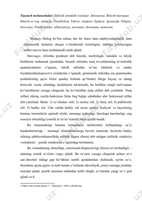 ’sirchanligi) – ularning estetik ta’sirini voqye qiladi. bu ta’sirni yuzaga chiqarish uchun so’z san’atkorlari tildagi gap bo’laklari tartibi qoidalaridan chekinadi, ayrim so’z, iboralarni qayta-qayta va turli-tuman o’rinlarda takrorlaydi, jonsiz narsaga jonliday murojat qiladi, poetik mazmun talabidan kelib chiqib, so’zlardan yangi so’z ijod qiladi va h. 1. intonatsiya(lat. intonate-qattiq talaffuz etish) – ohang – badiiy asar bilan birga tug’iladi. uni ilg’ash – asardagi har bir so’z va gapning asosida yotgan mazmuni to’g’ri anglash uchun, albatta, uning ohangini sezish talab qilinadi. uni sezishda asarda ishlatilgan turli tinish belgilari (nuqta, vergul, tire, so’roq, undov, qo’shnuqta, nuqtali vergul kabi), misralarning joylashishi, turoqlanishi, qofiyalanishi (she’riy asarlarda), muallif remarkalari (dramatik asarlarda) yordamga keladi. ular ovozning pasaytirishi, ko’tarilishi, so’nishi, tez yoki sekinlashishini, turfa xil tembrini anglatadilar. mazmun va ohang yuzaga chiqqanidagina-asarning emosional ta’siri beqiyos bo’ladi, g’oyasi ko’zlangan nuqtani zabt etadi. jumladan, eng bag’ri keng, eng samimiy shoir mirtemirning “qoraqalpoq daftari” turkumidagi “yengajon”ini tinglaylik: yengajon hazil · yengajon, …