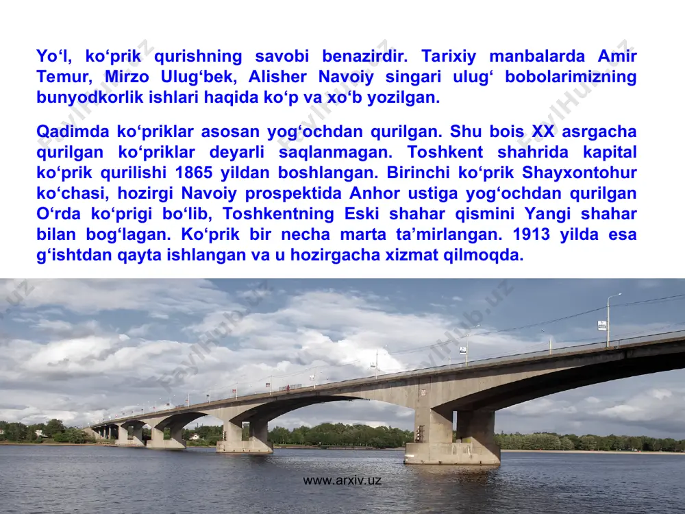 aholining uzog‘ini yaqin, og‘irini yengil, vaqt va mablag‘ini tejash barobarida harakat xavfsizligini ta’minlamoqda. ma’lumotlarga qaraganda, poytaxt kommunikatsiya tizimida amalga oshirilgan islohotlar tufayli transport vositalaridan chiqayotgan zaharli gazlar miqdori 1990 yilgan nisbatan 25 foizga kamaygan. vaholanki, toshkent ko‘chalarida 1990 yilga nisbatan bir necha baravar ko‘p transport vositasi harakatlanmoqda. yurtimizda yangidan qurilgan va rekonstruksiya qilingan yo‘llarning umumiy hajmi 3 ming 200 kilometrni tashkil etadi. avtomobil yo‘llari tarmog‘ining umumiy uzunligi 183 ming kilometrdan ziyod. uning 42 ming 530 kilometri umumfoydalaniladigan yo‘llardir. har yili 150 kilometrdan ziyod yangi yo‘llar qurilmoqda yoki rekonstruksiya qilinmoqda. hozirgacha 500 ga yaqin ko‘prik barpo etildi. bunday ulkan bunyodkorlik negizida mamlakatimizda hukm surayotgan tinchlik-xotirjamlik, hamjihatlik, xalqimizning yaratuvchanlik salohiyati va ertangi kunga bo‘lgan yuksak ishonchi mujassamdir. www.arxiv.uz www.arxiv.uz umumiy uzunligi 67 kilometrni tashkil etadigan katta halqa yo‘li tranzit yuklarning toshkent shahrini chetlab o‘tishini ta’minlash, shahar ichidagi transport qatnovi xavfsizligi va ekologiyani yaxshilash maqsadlariga xizmat qiladi. bu yo‘l uchta xalqaro ahamiyatli, yettita …