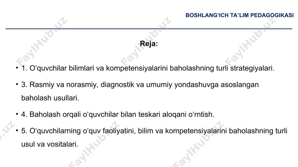 pedagogikasi xulosalovchi (summativ) baholash 1 2 belgilangan talabga javob beradiganlarni tanlash baho berish 1 mercury is the closest planet from the sun ta’lim oluvchiga baho berish 2 ta’lim beruvchiga baho berish tanlash boshlang‘ich ta’lim pedagogikasi o‘quvchilarni baholash darslarni o‘z vaqtida tayyorlaydilar intizomga o‘rganadilar bo‘sh vaqtlaridan unumli foydalanishga harakat qiladilar 03 01 02 boshlang‘ich ta’lim pedagogikasi baholash tamoyillari 4 tizimlilik ishonchlilik, aniqlik 5 1s dtsga asoslanganlik 2 xolislik (obyektivlik) 3 ko‘rgazmalilik o‘quvchilarning bilim natijalarini baholash usullari boshlang‘ich ta’lim pedagogikasi rasmiy norasmiy diagnostik umumiy yondashuvga asoslangan o‘quvchilar bilimini tekshirish ijodiy jarayonga aylantirilsa boshlang‘ich ta’lim pedagogikasi 3 uyatchanlik 2 tortinchoqlik 1 ishonchsizlik 4 qo‘rqoqlik 5 shoshqaloqlik 6 kamgaplik joriy nazorat oraliq nazorat yakuniy baho nazorat turlari boshlang‘ich ta’limda nazorat turlari: boshlang‘ich ta’lim pedagogikasi joriy nazorat so‘rovlar topshiriq yozma ishlar nazorat ishlar testlar boshlang‘ich ta’lim pedagogikasi oraliq nazorat chorak tamom bo‘lganda va o‘quv dasturining tegishli bo‘limi tugaganda o‘tkaziladi 1 nazorat ishlar, test sinovlari va …