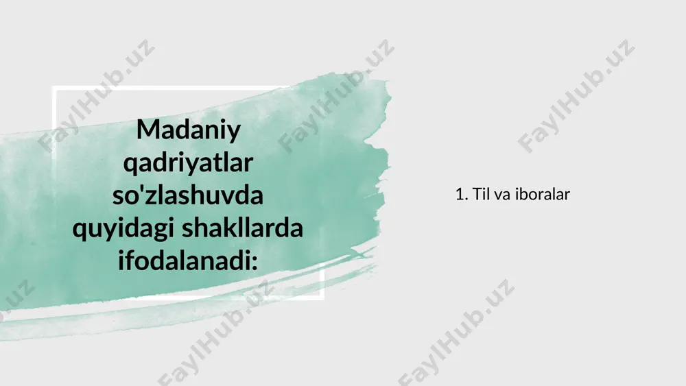 'zlashuvda insonlarning bir-biriga nisbatan qanday hurmat va e'tibor ko'rsatishini, qanday ijtimoiy munosabatlar va axloqiy me'yorlarga amal qilishlarini, shuningdek, jamiyatning tarixiy va diniy tushunchalarini aks ettiradi. shuning uchun madaniy qadriyatlar til va so'zlashuvda o'ziga xos tarzda ifodalanadi va ularni o'rganish, tilni chuqurroq tushunishga yordam beradi. image1.png image2.png image3.png image4.png /docprops/thumbnail.jpeg