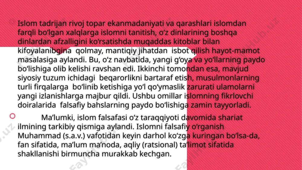 aqiydaviy ta’limoti iymon shartlari bilan bog‘liq bo‘lib iymon rukni o‘z ichiga olgan yetti farz doirasida shakllanadi: allohga iymon keltiris farishtalarga iymon keltirish payg‘ambarlarga iymon keltirish muqaddas kitoblarga iymon keltirish oxirat kuniga iymon keltirish qadarning allohdan ekaniga iymon keltirish inson o‘lganidan keyin qayta tirilishiga iymon keltirish ahli sunna va-l-jamoa e’tiqodi aynan ushbu iymon shartlari asosida shakllangan bo‘lib, qolgan barcha oqimlardan ushbu aqiydalarga bo‘lgan munosabatlariga ko‘ra farqlanadilar. mu’taziliylar – islomdagi aqidaviy firqalardan biri bo‘lib, ularning ikkinchi nomi “qadariylar” deb nomlanadi. ularning qadariylar deb nomlanishiga sabab, ular qadarning allohdan ekaniga iymon keltirmaydilar. ahli sunna va-l-jamoadan aqiydaga ko‘ra farqlanuvchi oqimlardan yana biri “shialar” deb ataladi. shialikda imomat masalasi asosiy diniy ruknlardan hisoblanadi. imomat jamiyat manfaatlaridan emas, balki din ruknlaridan kelib chiqadi, deb e’tiqod qilinadi. imomlik (xalifalik) payg‘ambarlik kabi ilohiy mansab hisoblanib, alloh bandalari orasidan payg‘ambarlarini tanlab, ularni gunohlardan saqlagani va ularga ilmi ladun (alloh huzuridan berilgan ilm) bergani kabi xalifalarni ham shunday tanlaydi deyiladi. …