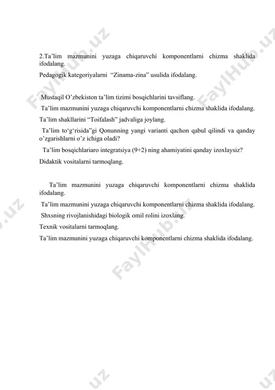 shning huquqiy asosi sifatida . 2. ta’lim to‘g‘risida”gi qonun ning yangi varianti qachon qabul qilindi va qanday o’zgarishlarni o’z ichiga oladi? 3. ta’lim bosqichlariaro integratsiya (9+2) ning ahamiyatini qanday iz oxlaysiz? 4. respublikamizda ta’lim - tarbiyani tashkil etish va kadrlar tayyorlash ga qo’yilayotgan talablarni yoriting. 5. oliy ta’lim sohasida amalga oshirilayotgan islohotlarni yoriting. 6. mustaqil o’zbekiston ta’lim tizimi bosqichlarini tavsiflang. 7.p edagogika – fan sifatida. pedagogikaning sohalari. 8. pedagogika fanining maqsad va vazifalari, boshqa fanlar bilan aloqasi. 9.shxsning ijtimoiylashuvi. 10. shxsning rivojlanishida yosh davrlarining ahamiyati. 11. shxsning rivojlanishidagi uch muhim omil. 12. shxsning rivojlanish xususiyatlarini yoriting. 13.qaysi mutafakkir olim shxsning rivojlanishidagi uch muhim omil rolini ilmiy izoxlagan? 14. shxsning rivojlanishidagi biologik omil rolini izoxlang. 15. shxsning rivojlanishidagi ijtimoiy omil rolini i zoxlang. 16. shxsning rivojlanishidagi tarbiya omili rolini izoxlang. 17.pedagogik kategoriyalarni yoriting. 18.yaxlit pedagogik jarayon tushunchasini izoxlang. 19. yaxlit pedagogik jarayon tuzimasini chizma ko’rinishida tavsiflang. 20. yaxlit pedagogik ja rayonda …