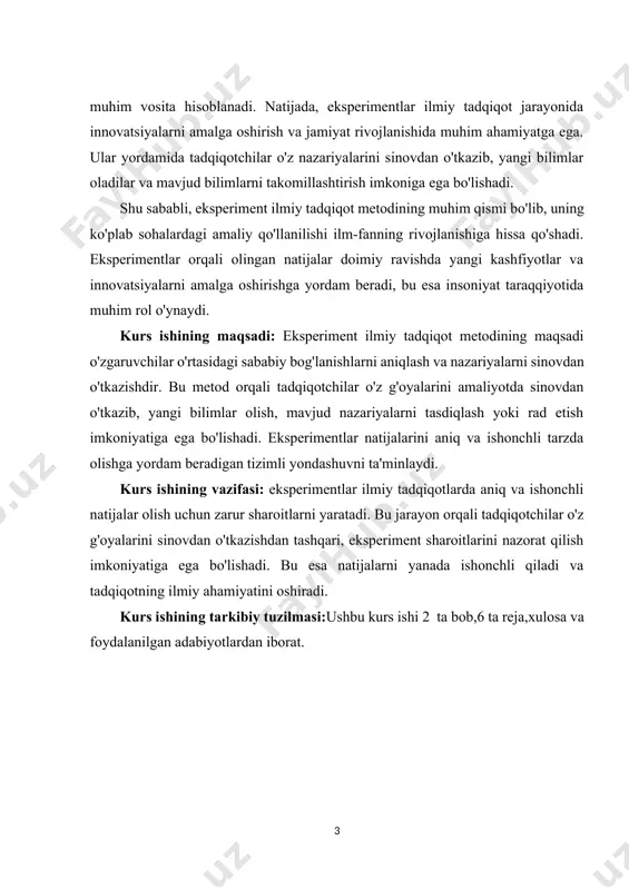 a va foydalanilgan adabiyotlardan iborat. i.bob.eksperimental tadqiqotning asoslari 1.1.eksperiment so'zining tushunchasi va tarixi. eksperiment so'zi ilmiy va amaliy jarayonlarda keng qo'llaniladigan atama bo'lib, u o'z ichiga nazariyalarni sinovdan o'tkazish, yangi g'oyalarni tasdiqlash yoki rad etish, va o'zgarishlarni kuzatish jarayonini oladi. ushbu so'zning etimologiyasi latinchadan kelib chiqadi. "experiri" so'zi "sinab ko'rish" yoki "tajriba o'tkazish" ma'nosini anglatadi. eksperimentlar ilm-fan, muhandislik, tibbiyot va boshqa ko'plab sohalarda muhim ahamiyatga ega, chunki ular orqali nazariyalar amaliyotda qanday ishlashini ko'rish mumkin[footnoteref:2]. [2: abdurahmonov, o. (2021). ilmiy tadqiqot metodologiyasi: nazariy va amaliy jihatlari. tashkent: o'zbekiston respublikasi oliy va o'rta maxsus ta'lim vazirligi. ] tadqiqot jarayonida eksperimentlar, odatda, nazariyani tasdiqlash yoki rad etish uchun o'zgaruvchilarni boshqarish orqali o'tkaziladi. bunday jarayonlar orqali olimlar turli fenomenlarni tushunishga va yangi bilimlar olishga harakat qilishadi. eksperimentlar nazariyalar va g'oyalarni amalda sinovdan o'tkazish imkonini beradi, bu esa ilmiy jarayonning ajralmas qismi hisoblanadi. tarixiy jihatdan, eksperimentlar o'rta asrlardan beri mavjud bo'lgan. ular dastlabki ilmiy …