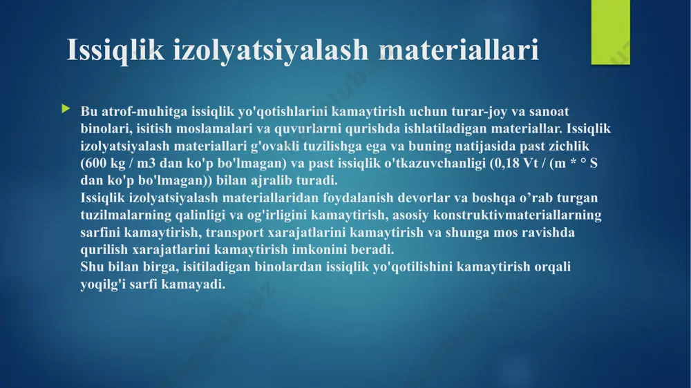 h, komfort va ekologik barqarorlik uchun muhim investitsiya hisoblanadi. uy-joyingizni issiq va qulay saqlash uchun izolatsiyon materiallarni to’g’ri tanlash va o’rnatish muhimdir. xulosa foydalanilgan adabiyotlar ro’yxati: 1. samigʻov n.a. ‘bino va inshootlarni ta’mirlash materialshunosligi’. 3- qism. toshkent. taqi. 2008. 2. arxiv.uz 3. https://ru.wikipedia.org › wiki image6.jpg image7.jpg image8.jpg image9.jpg image10.png image11.jpg image12.jpg image2.png image3.png image4.png image5.png /docprops/thumbnail.jpeg