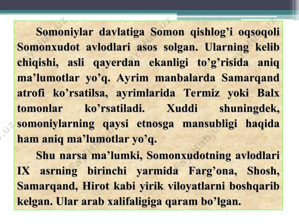 oshqargan. ushbu devonboshining maxsus yordamchisi – ariz bo‘lgan. u mahkama va uning boshlig‘i amir qo‘shini xazinasi bilan shug‘ullangan. qo‘shinga bir yilda to‘rt marta maosh to‘langan. bu devon harbiy intizomni ta’minlab turgan. devoni sohib al-borid (xat-xabarlar nazoratchisi devoni). ushbu devon markazda qabul qilingan muhim qarorlar, hujjatlar, xabarnomalarni viloyat va shaharlarga etkazish bilan shug‘ullangan. bu devonning viloyatlardagi boshlig‘i faqat markazga bo‘ysungan. bu devon xodimlari viloyat va shaharlarda bo‘lib turadigan, ijtimoiy-iqtisodiy va siyosiy ahamiyatga ega bo‘lgan voqealarni markazga etkazib turgan. shuningdek bu devon davlat elchilari, viloyat va shaharlar hokimlari ustidan maxfiy nazorat o‘tkazgan. devoni muxtasib (bozorlar va ko‘chalar, shariat qonun qoidalariga rioya qilishni nazorat qiluvchi devon). bu devon xizmatchilari qiladigan asosiy ish shahar va qishloqlarda, ko‘cha va bozorlarda tartib-intizomni, tosh-tarozini nazorat qilganlar. aholi tomonidan shariat qonun-qoidalariga rioya qilishning nazorati ham shu devon zimmasida bo‘lgan. ushbu devonboshi o‘z mirg‘azab (xodim) lari bilan barcha shaharlarda faoliyat ko‘rsatgan. devoni mamlakai xos (davlat ish boqaruvchisi devoni). bu …