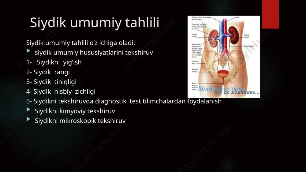 ishi mumkin. "pivo" rangidagi siydik parenhimatoz sariqlikda kuzatilishi mumkin. sutdek oq siydik buyrakni yoqli distrofiyasida, nefrotik sindromda, shuningdek, yiringli siydikda, fosfaturiyada bo’lishi mumkin. siydikni tiniqligi me`yoriy siydik tiniq va faqatgina turganda biroz xiralashishi mumkin. siydik tiniqligi to’liq va noto’liq bo’lishi mumkin. tiniq, kam loyqalangan va keskin loyqalangan siydik farqlanadi. siydikning loyqalanishi tuzlar, shilliq ajralishi, ko’p miqdorda shaklli elementlar, bakteriya, yog’larni bo’lishi bog’liq. loyqadan sentrifugalash bilan halos bo’lish mumkin. tuzli loyqalanishni ishqorlar va kislotalar qo’shib yo’qotish mumkin. bakterial loyqalanishda siydik mahsus filtrlar yordamida filtrlanadi, yog’li loyqalanishda esa efir, hloroform qo’shiladi. loyqalanish harakteri cho’kmani mikroskopik tekshirganda aniqlanadi. siydik nisbiy zichligi 1,000 dan 1,050 gacha bo’lingan urometr bilan aniqlanadi. tekshirilayotgaн siydik silindrga quyiladi (silindr diametri urometr diametridan 1-2 sm ga katta bo’lishi kerak). ko’pik hosil bo’lishini oldini olish uchun siydik asta- sekin silindr devorlari bo’ylab quyiladi. quruq urometr siydikka sekin tushiriladi. urometr tebranishlari to’xtagandan keyin pastki menisk bo’yicha ko’rsatkich aniqlanadi. nisbiy zichlik 1 …