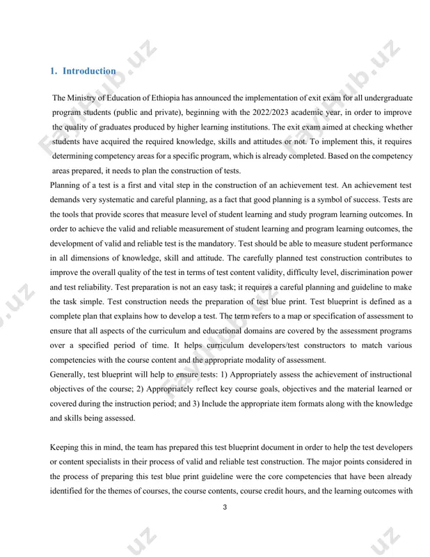 f test blueprint document 2.1 .objective of the test blueprint document test blueprint preparation is generally opted to assist the preparation of a test that is representative, broadly sampled, and consisting of complete knowledge domain expected of the ethiopian higher education students on completion of their study program. the specific objectives of test blueprint are to: · facilitate the construction of a representative and balanced test items for the selected courses in accordance with the competencies identified. · guide test developers or writers to write or set appropriate test items. 2.2. significance of test blueprint document it is important to set competency areas of the subject matter (program) in order to measure the how much graduates are acquired with skills, knowledge and attitudes. test blueprint is a three-dimensional chart that shows the placement of each question in respect of the objective and the content area that it tests. the following …