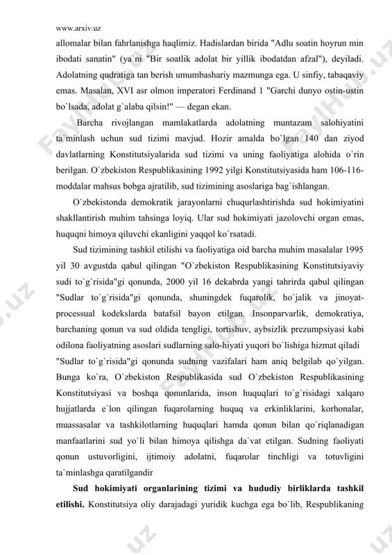 soslari sudlarning salo-hiyati yuqori bо`lishiga hizmat qiladi "sudlar tо`g`risida"gi qonunda sudning vazifalari ham aniq belgilab qо`yilgan. bunga kо`ra, о`zbekiston respublikasida sud о`zbekiston respublikasining konstitutsiyasi va boshqa qonunlarida, inson huquqlari tо`g`risidagi xalqaro hujjatlarda e`lon qilingan fuqarolarning huquq va erkinliklarini, korhonalar, muassasalar va tashkilotlarning huquqlari hamda qonun bilan qо`riqlanadigan manfaatlarini sud yо`li bilan himoya qilishga da`vat etilgan. sudning faoliyati qonun ustuvorligini, ijtimoiy adolatni, fuqarolar tinchligi va totuvligini ta`minlashga qaratilgandir sud hokimiyati organlarining tizimi va hududiy birliklarda tashkil etilishi. konstitutsiya oliy darajadagi yuridik kuchga ega bо`lib, respublikaning butun hududida birdek qо`llaniladi. shunga muvofiq sudlov ishlarini kо`rib chiqishda sudьyalar konstitutsiya qoidalari va qonun osti me`yoriy-hujjatlar talablariga amal qilishlari lozim. bunda sudьyalar avvalo konstitutsiyani bevosita birlamchi manba sifatida tan olishlari shart. bundan tashqari, о`zbekiston respublikasida xalqaro shartnomalar talablaridan kelib chiqqan holda, xalqaro huquq normalariga amal qilish nazarda tutilgan. xalqaro shartnoma normalariga zid bо`lgan qonunlar amalda sudyalar tomonidan qо`llanilmaydi. qonunga rioya (amal) qilinmagan joyda qonuniylik tо`g`risida …