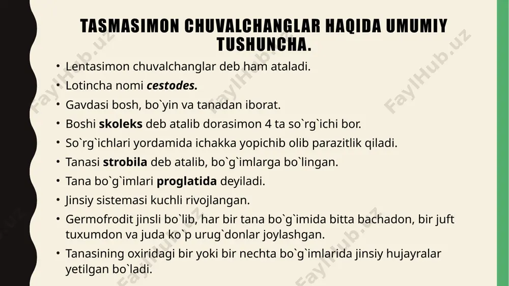 orib finnaga aylanadi. finnasi exinokokk pufagi deb ataladi. bu finna boshqa finnalardan yirikligi, ikki qavat parda bilan o`ralganligi va ichida qiz finnalarning borligi bilan farq qiladi. finnasini kattaligi ba’zan chaqaloq boshidek keladi. finna ichida lichinkalar 10-20 yil yashaydi. it va mushuklarga hayvonlarning zararlangan a`zolarini yeyish orqali qayta yuqadi. belgilari: -to`qimalarni yemirib organni ishdan chiqishiga sabab bo`ladi; -odam ozib ketadi; -davolanmasa odam o`ladi; -exinokokk fufagi jarrohlik yo`li bilan olib tashlanadi; tashxis qo`yish. bilak sohasidagi teriga exinokokkning zaharli moddalari bo`lgan suyuqlik yuboriladi. odam exinokokk bilan zararlangan bo`lsa suyuqlik yuborilgan joy 1-2 kundan keyin qizarib qoladi. bu usul katstsoni usuli deb atalib, 84-92 % bemorlarda ijobiy natija beradi. agar finna o`pka bo`lsa rentgenoskopiya usulidan foydalaniladi. shaxsiy profilaktikasi. -umumiy gigiyena qoidalariga rioya qilish; -itlarni veterinariya-sanitariya nazoratidan o`tkazish; -tlarni bilan muloqotda bo`lgandan keyin qo`lni sovunlab yuvish. jamoat profilaktikasi. -daydi itlarni yo`qotish; -so`yilgan mol, qo`ylarda exinokokkoz kasalligi bor-yo`qligini tekshirib, zararlangan a’zolari bo`lsa, ularni iste’mol qilishga yo`l …