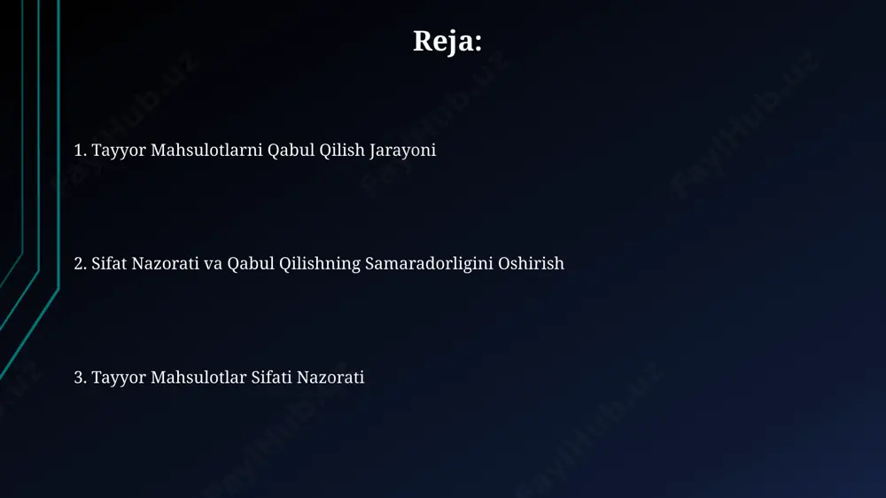 2023-yil davomida 1500 ta mahsulot tekshirildi va ulardan 5%ida ranglarning mos kelmasligi kabi nuqsonlar aniqlangan. hujjatlashtirish va hisobot тошкентдаги 500 та маҳсулот намунаси текширувидан ўтказилиб, ҳисобот 24 соат ичида тайёр бўлди, сифатсизлик даражаси 2%ни ташкил этди. сифат назорати бўйича 300 дан ортиқ кўрсаткичларни ўз ичига олган ҳисобот самарқанд вилоятидаги корхонага юборилди, бунда 98% маҳсулотлар стандартларга жавоб берди. жиззах шаҳридаги заводда 1500 та тайёр маҳсулот текширилди, ҳисоботда 0,5% брак ва 99,5% сифатли маҳсулотлар тўғрисида маълумотлар келтирилган. qabul qilish mezonlari андижондаги электроника заводида 20%дан ортиқ брак чиқса, партиянинг бутунлиги рад этилади, бу ҳақда iso 9001 стандартларида аниқ кўрсатилган. самарқанд вилоятидаги тўқимачилик корхонасида мато сифатини баҳолаш учун 5 баллик шкаладан фойдаланилади, 4 баллдан паст натижа маҳсулотларнинг рад этилишига олиб келади. тошкентдаги "uzauto motors" заводида тайёр маҳсулотларни қабул қилиш мезонларига кўра, 1000 та автомобилдан 5 тасидан ортиқ нуқсонли бўлмаслиги керак. yaxshilanishlar va korrektiv harakatlar самарқанд вилоятидаги корхонада 10 та янги сифат назорати усуллари жорий …