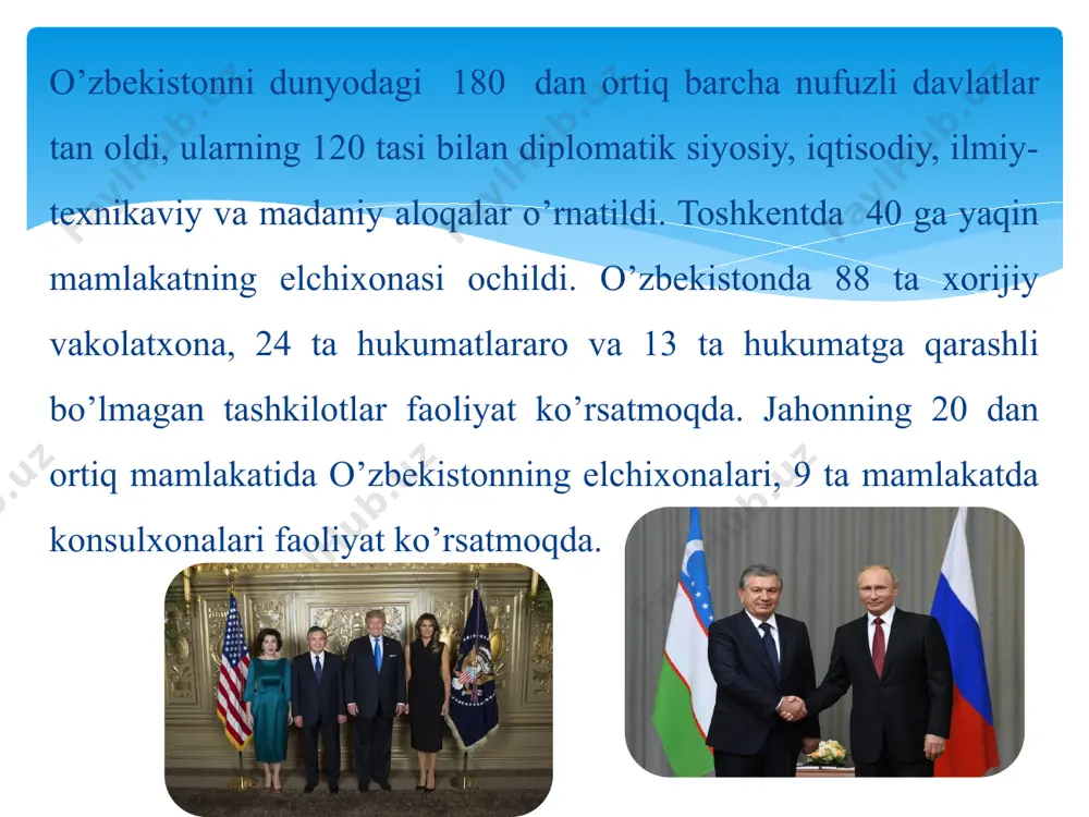 mbleyasining 1993 yilda bo’lgan 48-sessiyasida ishtirok etishi va unda qilgan ma’ruzasi o’zbekistonni jahonga ko’hna va navqiron davlat sifatida tanitdi. o’zbekiston bmt ning 50 yilligiga bag’ishlangan tantanalarda faol qatnashdi. o’zbekiston respublikasining birinchi prezidenti i. a. karimov bmt bosh assambleyasining 1995 yil sentyabr-noyabr oylarida bo’lib o’tgan 50-ubiley sessiyasida qatnashib bu nufuzli tashkilot faoliyatini yaxshilashga doir o’z takliflarini bayon qildi. o’zbekiston respublikasining birinchi prezidenti i. a. karimov xalqaro tashkilotlar yagona tizimini vujudga keltirish xxi asr taqdirini belgilaydigan muhim omil ekanligini ko’rsatib berdi. o’zbekiston 1992 yil fevral oyida dunyoda tinchlikni mustаhкаmlash, inson huquqlarini himoya qilish bo’yicha katta tadbirlar amalga oshirayotgan nufuzli xalqaro tashkilot –yevropada xavfsizlik va hamkorlik tashkilotiga a’zo bo’lib kirdi. o’zbekiston mdh ga a’zo davlatlar bilan o’zaro ikki taraf uchun ham foydali hamkorliк qilishga hamisha tayyor va o’z tashqi siyosatida shunga intilib kelаyapti. mdh ga a’zo ko’p mamlakatlar bilan ana shunday hamkorlikda ish olib borilmоqdа. 1991-2001 yillarda rossiya, ukraina, belorus, moldava, gruziya, ozarbayjon, …