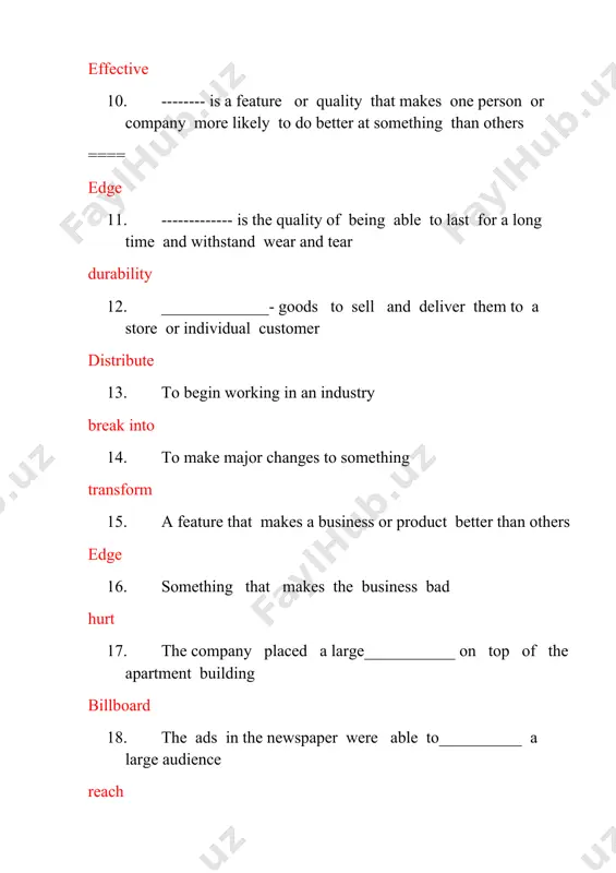 ______________ the safety tests , it will go into mass production. passes ++++ 25. the company issued a(n) __________for an unsafe toy. recall 26. four people ___________- every item that the factory produced very closely. ==== inspect 27. all of the items meet the company “s strict ____________ quality standards 28. if products ___________ the quality tests, there are production delays. fail 29. in order to _________ the deadline, we may have to work overtime. complete 30. sam has to give his presentation in one hour so he is really ___________ to finish it under the gun ++++ 31. the sales forecast is _______ on tuesday morning. ==== due 32. i am not sure i can finish the project within the ___________. time limit 33. please send your project to me as soon as you _______it. meet 34. ___________ to bring something down to its lowest level minimize 35. ____________ …