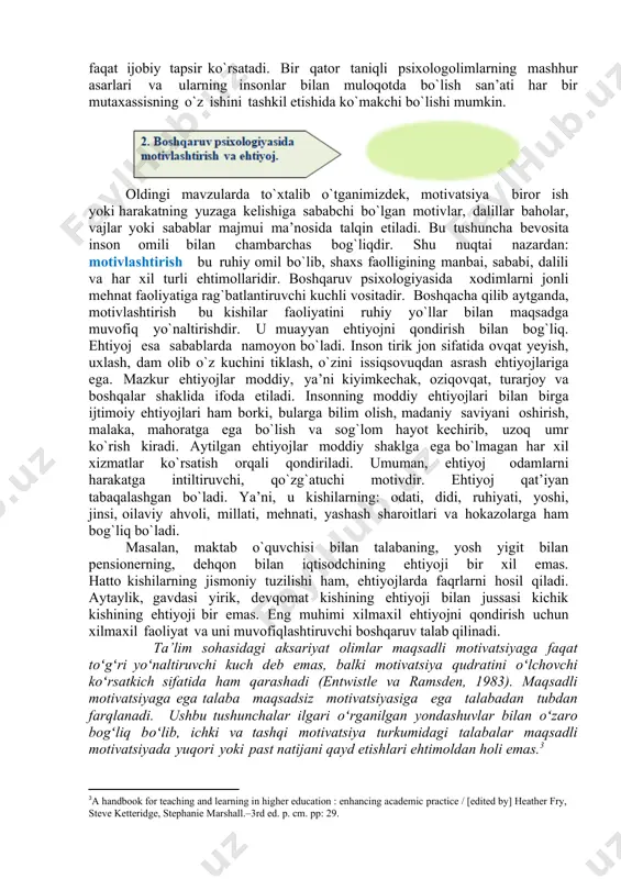 qilish, korporatsiya usulidan unumli foydalanish. yuqorida sanab o`tilgan holatlar, albatta, rahbarning o`z ish faoliyatini samarali tashkil etish va dastlabki onlardanoq muvaffaqiyatlarga erishishga yordam beradi. rahbarlik bu – professional munosabatdir. rahbarlar talabalari bilan ishlash tarzi urfodatlar, tajriba va fan turiga ko’ra farqlanadi. sharqiy angliya universiteti (2007), ilmiy izlanish bosqichidagi rahbarlar uchun mo’ljallangan o’zining asosiy tamoyillarida bayon etishicha: “rahbarlik faoliyati munosabatlardagi to’g’riso’zlik, adolatlilik, javobgarlilik, hurmat, vazifalarga yondashish, talabaning mustaqil ishlay olishi hamda talabaning qiziqishlari ustida ishlash kabi intelektual tamoyillari yordamida boshqariladi”. rahbartalaba munosabatlarini umumlashtiruvchi muhokama usullari taylor va beasley tomonidan taqdim etilgan (2005).[footnoteref:2] [2: a handbook for teaching and learning in higher education : enhancing academic practice / [edited by] heather fry, steve ketteridge, stephanie marshall.–3rd ed. p. cm. pp: 369.] boshqarish o’ziga xos yuksak san’at va mahoratni talab qiluvchi tanlov, shu tanlov asosida qaror qabul qilish va uning bajarilishini nazorat qilishdir. boshqarishdan maqsad muddao, maqsad, ya’ni u yoki bu niyatga erishmoq …