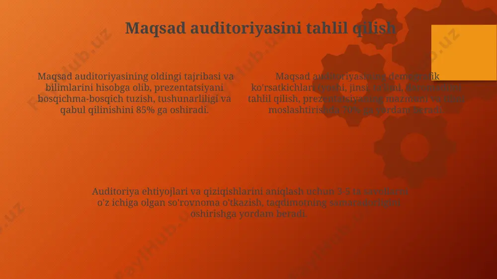 a xulosa bo'lishi kerak, har bir qism taxminan 20-25% vaqtni egallaydi. samarali taqdimot matni 100 so'zdan kam bo'lmasligi, shuningdek, murakkab terminlarni sodda tilda tushuntirishni o'z ichiga olishi maqsadga muvofiq. taqdimotda kamida 2-3 ta vizual vosita (grafik, jadval, rasm) ishlatish tomoshabinlarning e'tiborini jalb qilish va tushunishni yaxshilashga yordam beradi. stressni boshqarish va ishonchlilik sog'lom turmush tarzi, jumladan, yetarli uyqu (7-8 soat), muntazam jismoniy mashqlar va to'g'ri ovqatlanish, stressga chidamlilikni 30% ga oshirib, o'ziga ishonchni mustahkamlaydi. istiqbolli fikrlash texnikasi, masalan, “5-4-3-2-1” usuli, stressli vaziyatlarda o'z-o'zini boshqarish va ishonchlilik darajasini oshirishga yordam beradi, shu bilan birga xavotir va qo'rquvni kamaytiradi. stressni boshqarishda 7-10 daqiqalik muntazam meditatsiya mashqlari miya faoliyatini yaxshilaydi, kortizol darajasini pasaytiradi va ishonchlilikni oshiradi, natijada samaradorlik 15% ga o'sishi mumkin. e'tiboringiz uchun rahmat @taqdimot_robot image2.png image3.svg image5.png image1.png