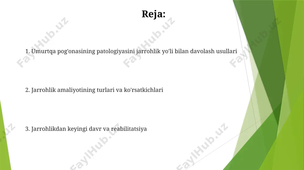 ish uchun laminectomiya yoki laminotomiya kabi operatsiyalar, nerv ildizlarining siqilishini kamaytirish uchun 90% dan ortiq muvaffaqiyat ko'rsatkichiga ega. degenerativ umurtqa kasalliklarini jarrohlik davolash degenerativ umurtqa kasalliklarini jarrohlik davolashda, umurtqa pog'onasining l4-l5 segmentlarida disk ekstreziyasi holatlarida, mikrodisshektomiya yoki laminotomiya kabi minimal invaziv usullar 85% dan ortiq hollarda samarali natijalar beradi. spondilolistezisning og'ir shakllarida, umurtqa pog'onasining beqarorlashuvi bilan birga kelsa, posterior spinal fusion (psf) jarrohlik amaliyoti orqali 2 dan ortiq umurtqani o'zaro biriktirish tavsiya etiladi. orqa miya yallig'lanish kasalliklarini jarrohlik davolash spondilodez operatsiyasi orqa miya segmentlarini bir-biriga bog'lash orqali, ya'ni 2 yoki undan ortiq umurtqani mustahkamlash orqali, umurtqa pog'onasining beqarorligini bartaraf etishga yordam beradi. orqa miya yallig'lanish kasalliklarida, masalan, ankilozan spondilitda, jarrohlik 5-10% hollarda qo'llaniladi va asosan umurtqa pog'onasining og'ir deformatsiyalarini tuzatishga qaratilgan. orqa miya churrasini jarrohlik davolash laminectomiya – orqa miya kanalini torayishini bartaraf qilish uchun, umurtqa bo'g'imlarining orqa qismini olib tashlash jarrohlik usuli bo'lib, bu operatsiya paytida asab ildizlariga zarar …