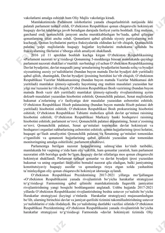 yatlari tizimi va vakolatlarini belgilash, boshqaruv tarkibida yangi davlat tuzilmalarini tashkil qilish va ularni tugatish haqidagi qarorlarni tasdiqlash, boj, valyuta va kredit, ma’muriy-hududiy tuzilish masalalarini qonun yo‘li bilan tartibga solish va boshqalar shular jumlasidandir. o‘zbekiston respublikasi chegaralarini o‘zgartirish, vazirlar mahkamasi taqdimiga binoan respublika byudjetini qabul qilish va uning ijrosini nazorat etish, soliqlar va boshqa majburiy to‘lovlarni joriy qilish, o‘zbekiston respublikasi konstitutsiyaviy sudi, oliy sudi, o‘zbekiston respublikasi prezidentining bosh vazir, uning birinchi o‘rinbosari va o‘rinbosarlarini, vazirlar mahkamasi a’zolarini, bosh prokuror va uning o‘rinbosarlarini tayinlash va lavozimlaridan ozod etish to‘g‘risidagi farmonlarini tasdiqlash. prezident taqdimiga binoan markaziy bank boshqaruvi raisini tayinlash va lavozimidan ozod etish, prezidentning vazirliklar, davlat qo‘mitalari va boshqa davlat boshqaruv organlarini tuzish va tugatish, umumiy yoki qisman safarbarlik e’lon qilish, favqulodda holat joriy etish, uning muddatini uzaytirish va to‘xtatish to‘g‘risidagi farmonlarini tasdiqlash, xalqaro shartnomalarni va bitimlarni ratifikatsiya va denonsatsiya qilish, davlat mukofotlari va unvonlarini ta’sis etish, tumanlar, shaharlar, viloyatlarni tashkil …