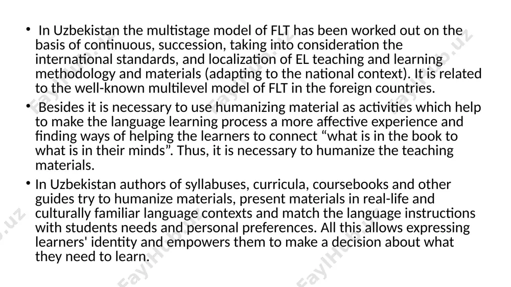 mum language requirements for a wide range of purposes, in curriculum planning, preparing coursebooks and development of methods of teaching and tools of evaluation. it is intended for dynamic progress in acquiring fl. practical and cultural goals of el teaching and learning the students mastering fl as means of communication should be able to use the language in the oral and written forms of speech. the requirements for practical mastery in language subskills (pronunciation, vocabulary, grammar) and skills (listening, speaking, reading and writing) are represented in the curriculum and syllabus for every stage. the state educational standard stresses that the learners should have a communicative competence which presupposes an adequate proficiency in a fl as a means of communication, instruction and independent learning. finally, practical aims encompass certain volumes of language material: phonetic, lexical and grammatical items. some of this material is subject to reproductive assimilation, some - to perceptive; …