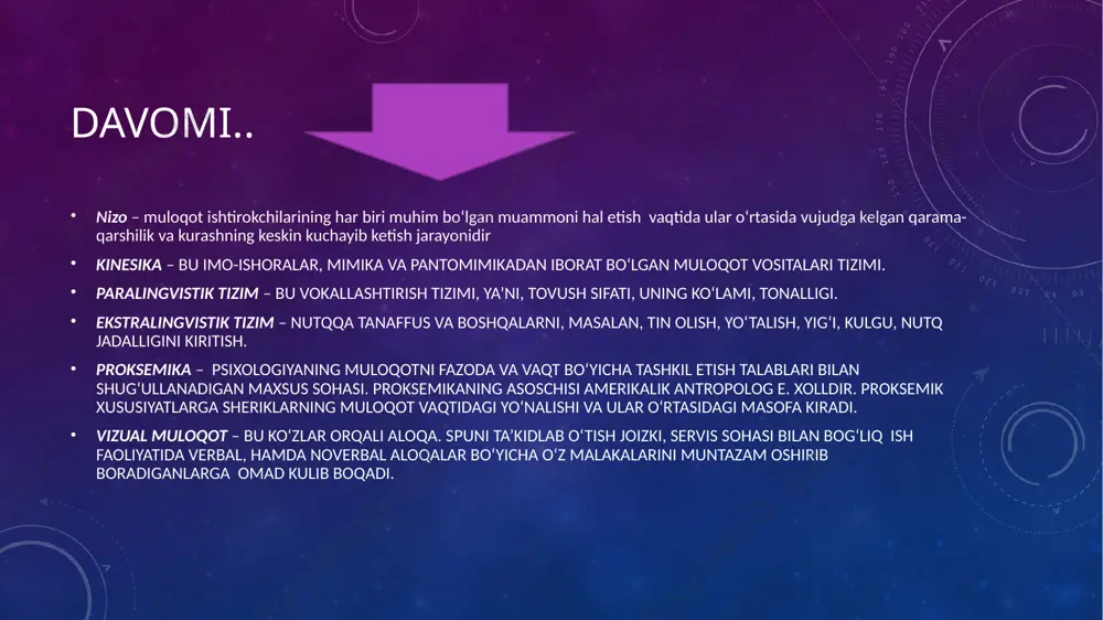 his qilishni tarbiyalaydi, ta'mni shakllantiradi, dunyo idrokining yaxlitligini o ‘rnatadi. ritorika- notiqlik va notiqlik ilmi. og‘zaki nutq so‘zlashuvining lingvistik xususiyatlari, ritorikani poetikaga yaqinlashtirishi, ritorik asarda tinglovchini ishontirish va ifodali qayta ishlashga mo‘ljallangan texnikani qo‘llashni nazarda tutadi. haqiqatan ham, insoniy muloqot boshqa odamning qadr-qimmatini hurmat qilishga asoslangan. keng ma’noda xulq-atvor madaniyati tushunchasi insonning ichki va tashqi madaniyatining barcha jihatlarini o‘z ichiga oladi: odob-axloq qoidalari, kundalik hayot madaniyati, shaxsiy vaqtni tashkil qilish, gigiena, mehnat madaniyati. nutq madaniyatiga alohida e'tibor qaratish lozim: gapirish va tinglash, suhbat o‘tkazish qobiliyati - o‘zaro tushunish, ruhimizning, ongimizning, atrof-muhit ta'siriga berilmasligimizning muhim qismidir. ritorikaning jamoat hayotidagi o‘rni hozirgi vaqtda inson huquqlari asta -sekin rivojlangan mamlakatlarda ijtimoiy hayotning eng muhim qismiga aylanmoqda. bunday sharoitda odamlarni ishontirish kerak bo‘la boshladi va ta'lim va madaniyat nuqtai nazaridan bir -biriga teng bo‘lmagan, lekin teng muomala qilishni talab qiladigan odamlar. nutq turlari ichki nutq insonni og`zi ochmagan holda hayolda lekin amalga oshmagan holda …