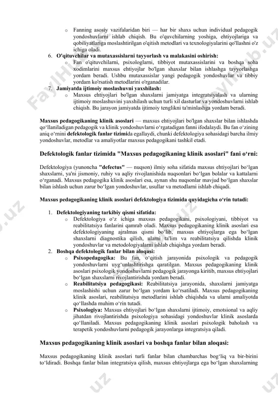 r bilan ishlashda pedagogik, psixologik, tibbiy va reabilitatsiya metodlarini uyg'unlashtirishga qaratilgan. maqsad va vazifalar aniq va kompleks yondoshuvlarni ishlab chiqishni ta'minlaydi, bu esa maxsus ehtiyojlari bo'lgan shaxslarning ijtimoiy va pedagogik rivojlanishiga yordam beradi. maqsadlari: 1. maxsus ehtiyojlari bo'lgan shaxslarni ta'lim olishda qo'llab-quvvatlash: · fanning asosiy maqsadi, maxsus ehtiyojlarga ega bo'lgan bolalar, o'smirlar yoki kattalarga ta'lim olishda yordam berishdir. bu jarayonda o'qitish va tarbiyalash jarayonini shaxsning ehtiyojlariga moslashtirish, ular uchun maxsus dasturlar va metodlarni ishlab chiqish zarur. 2. shaxsning rivojlanishiga kompleks yondoshuvni ta'minlash: · maxsus pedagogika klinik asoslari, shaxsni nafaqat aqliy, balki emotsional, ijtimoiy va psixologik jihatdan ham rivojlantirishga qaratilgan. u individual yondoshuvlarni ishlab chiqish, har bir shaxsning ehtiyojlarini aniqlash va ularga mos pedagogik yordamni ko'rsatish uchun kompleks yondoshuvni o'z ichiga oladi. 3. shaxslarning ijtimoiy integratsiyasini ta'minlash: · maxsus ehtiyojlari bo'lgan shaxslarni jamiyatga integratsiya qilish, ular uchun ijtimoiy moslashuv jarayonini soddalashtirish. ta'lim jarayonida samarali reabilitatsiya usullari va yondoshuvlar yordamida, ularga o'z-o'zini …