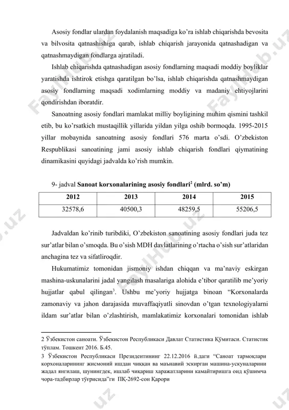 oteref:3]. ushbu me’yoriy hujjatga binoan “korxonalarda zamonaviy va jahon darajasida muvaffaqiyatli sinovdan o’tgan texnologiyalarni ildam sur’atlar bilan o’zlashtirish, mamlakatimiz korxonalari tomonidan ishlab chiqarilayotgan mahsulotlarning raqobatdoshligini yanada oshirish, shu asosda sanoat tarmoqlarining barqaror rivojlanishini va eksport salohiyatining o’sishini ta’minlash, shuningdek, energiya samaradorligi va energiya tejamkorligi standartlarining iqtisodiyotga faol tatbiq etilishini ta’minlash maqsadida: ...sanoat tarmoqlari korxonalari texnologik jihozlari va texnologiyalarining texnik auditini o’tkazish ...va texnik audit natijalarini o’rganish asosida 2017 — 2020 yillar davrida sanoat tarmoqlari korxonalarining jismoniy ishdan chiqqan va ma’naviy eskirgan asbob-uskunalarini zamonaviy, jahon darajasida sinovdan o’tganlari bilan almashtir...”[footnoteref:4]ish nazarda tutilgandir. [3: ўзбекистон республикаси президентининг 22.12.2016 й.даги “саноат тармоқлари корхоналарининг жисмоний ишдан чиққан ва маънавий эскирган машина-ускуналарини жадал янгилаш, шунингдек, ишлаб чиқариш харажатларини камайтиришга оид қўшимча чора-тадбирлар тўғрисида”ги пқ-2692-сон қарори ] [4: o’sha yerda ] asosiy fondlarni hisoblash, tahlil qilish va kengaytirilgan takror ishlab chiqarishni rejalashtirish va bashorat qilish maqsadida ularni guruhlarga ajratish kerak bo’ladi. hozirgi kunda asosiy fondlar turli …